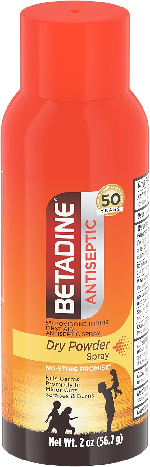 Betadine Antiseptic Dry Powder Spray, No Mess, No Drip, No Sting Promise, 5% Povidone-Iodine for Minor Cuts, Scrapes and Burns, 2 Ounce Spray can : Health & Household