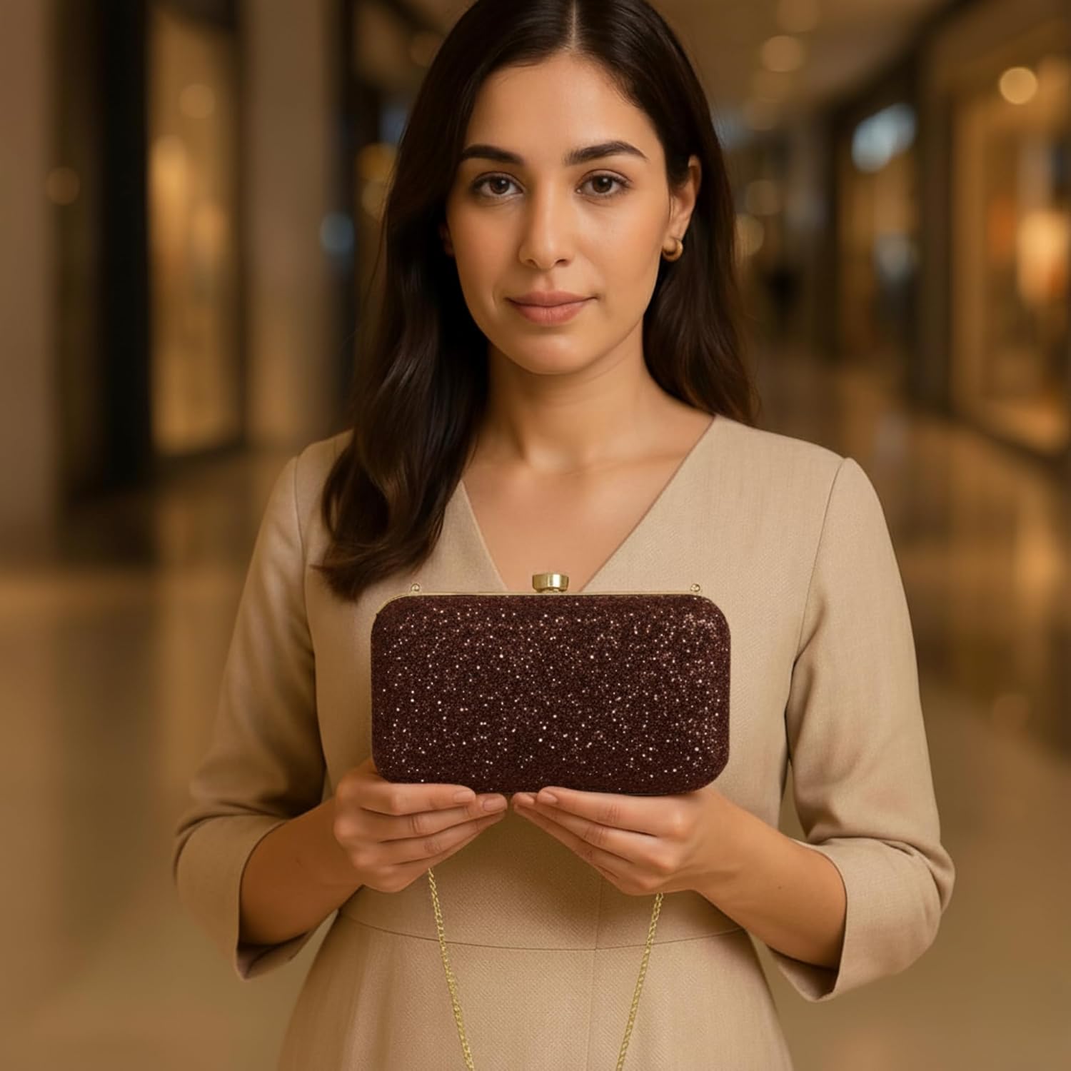 Bronze Gold Glitter Evening Clutch Purse for Women – Sparkly Hard Case Party Handbag with Chain Strap, Prom Cocktail Clutch