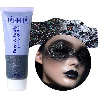Prreal Body Glitter Gel 50 ml Face and Body Sequin Gel Liquid Eyeshadow Chunky Glitter for Face Hair Nails Holographic Cosmetic Laser Powder for Festival Make-Up Black