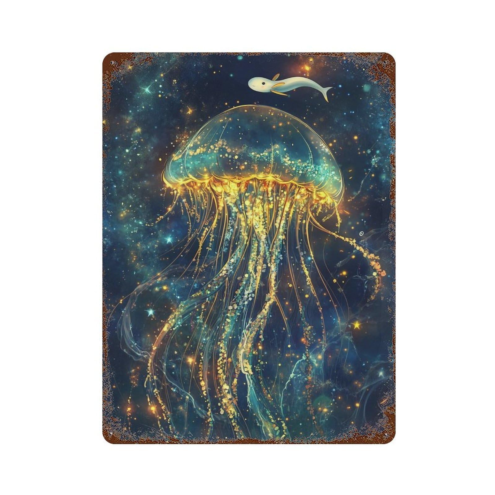 Rust Effect Magical Jellyfish in Space Rusty Metal Tin Sign 15.7"x11.8", Old School Wall Decor for Basement, Hobby Room And Garage Decor