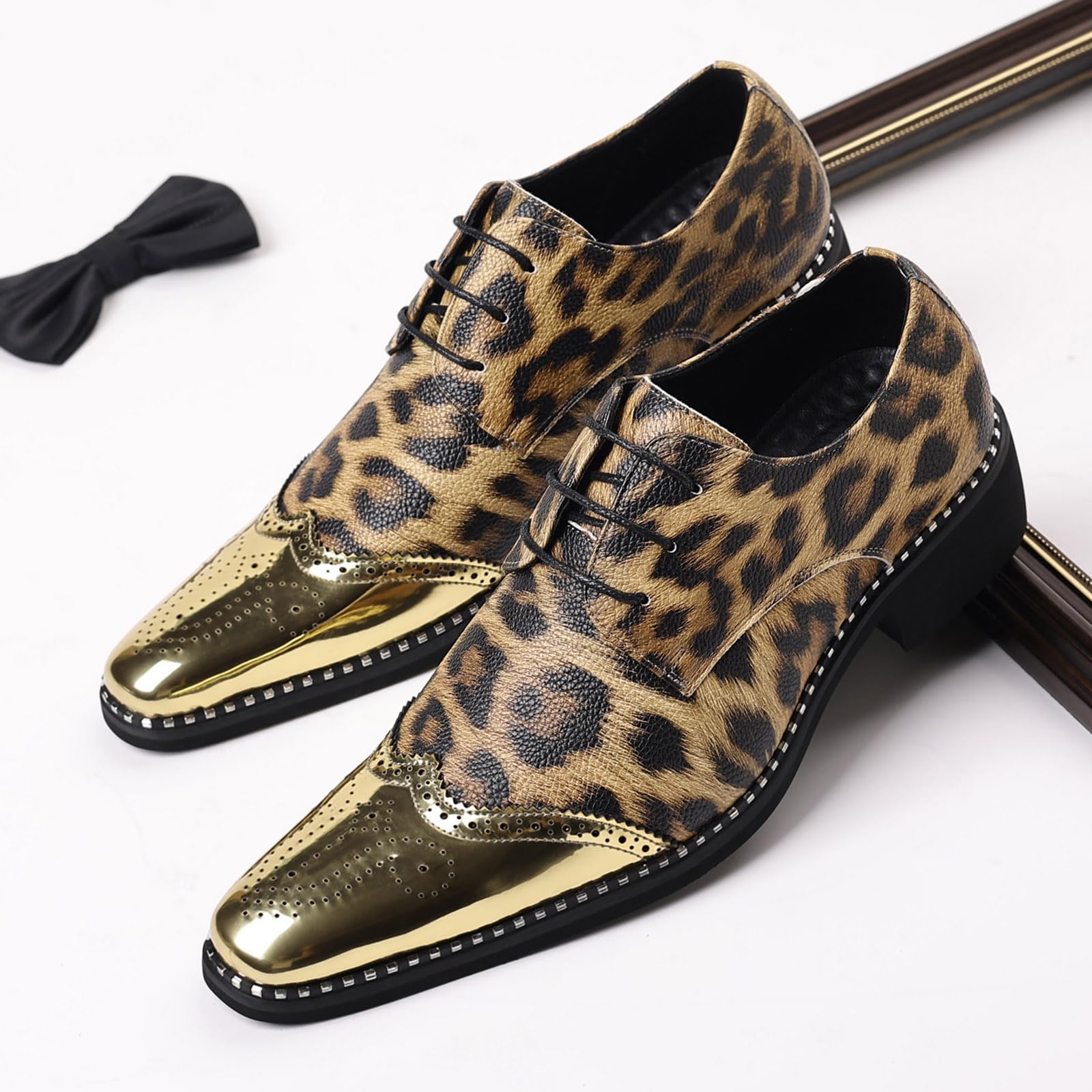 Herren Glänzende Leopard Druck Kleid Schuhe | Metallic Oxford Schuhe für Party, Abschlussball, Bühne, Hochzeit und Club-Outfits