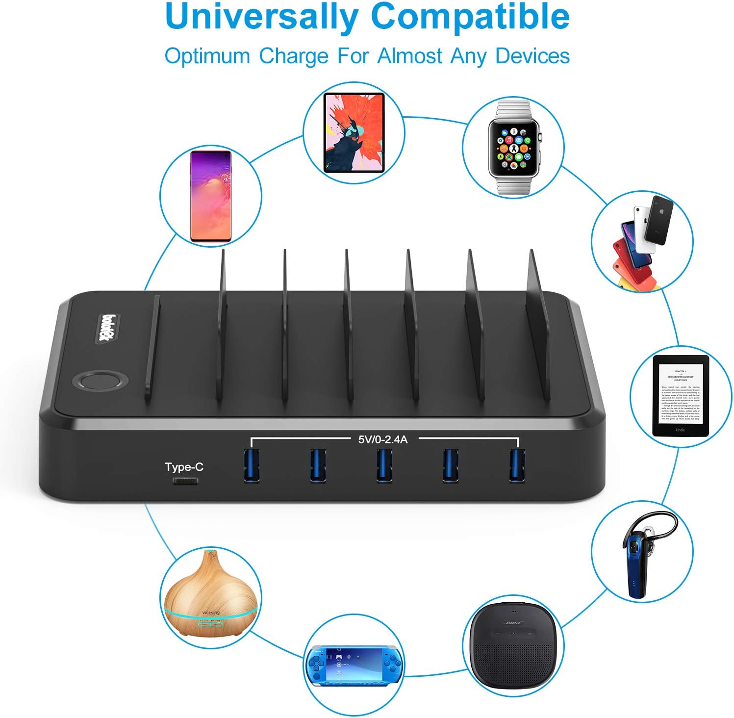 Bototek 5-Port USB Charging Station Dock & Organizer,Multiple USB Charger for Smartphones, Tablets & Other Gadgets-Black