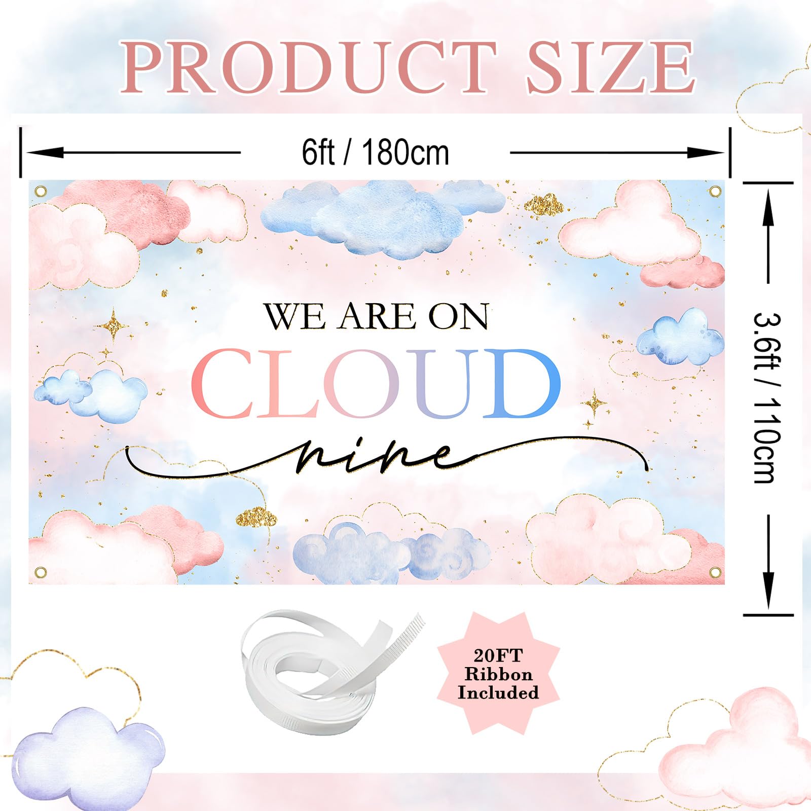 Wolken-Banner Für Babyparty – „We Are On Cloud Nine“, 1,5 X 90 Cm, Rosa, Vinyl, Für Deko Und Fotos