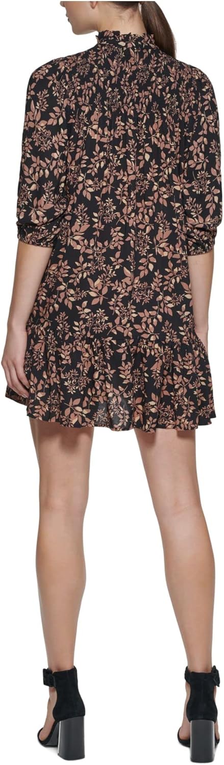 Calvin Klein Womens Black Smocked Ruffled Unlined Tie Neck Printed 3/4 Sleeve Split Short A-Line Dress Petites 2P - Image 3