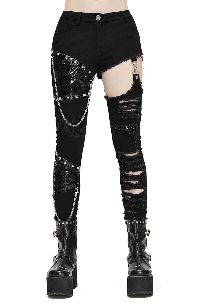 D.F Punk Skinny Jeans for Women Rock Heavy Metal Chains