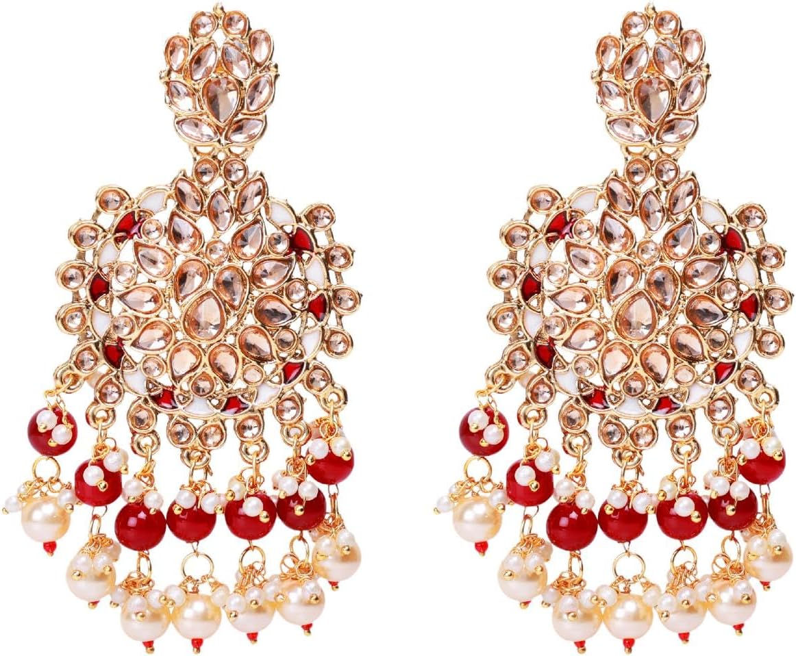 Efulgenz Indian Earrings for Women Bollywood Faux Pearl Crystal Kundan Rhinestone Wedding Bridal Long Chandelier Earrings Jewelry Set