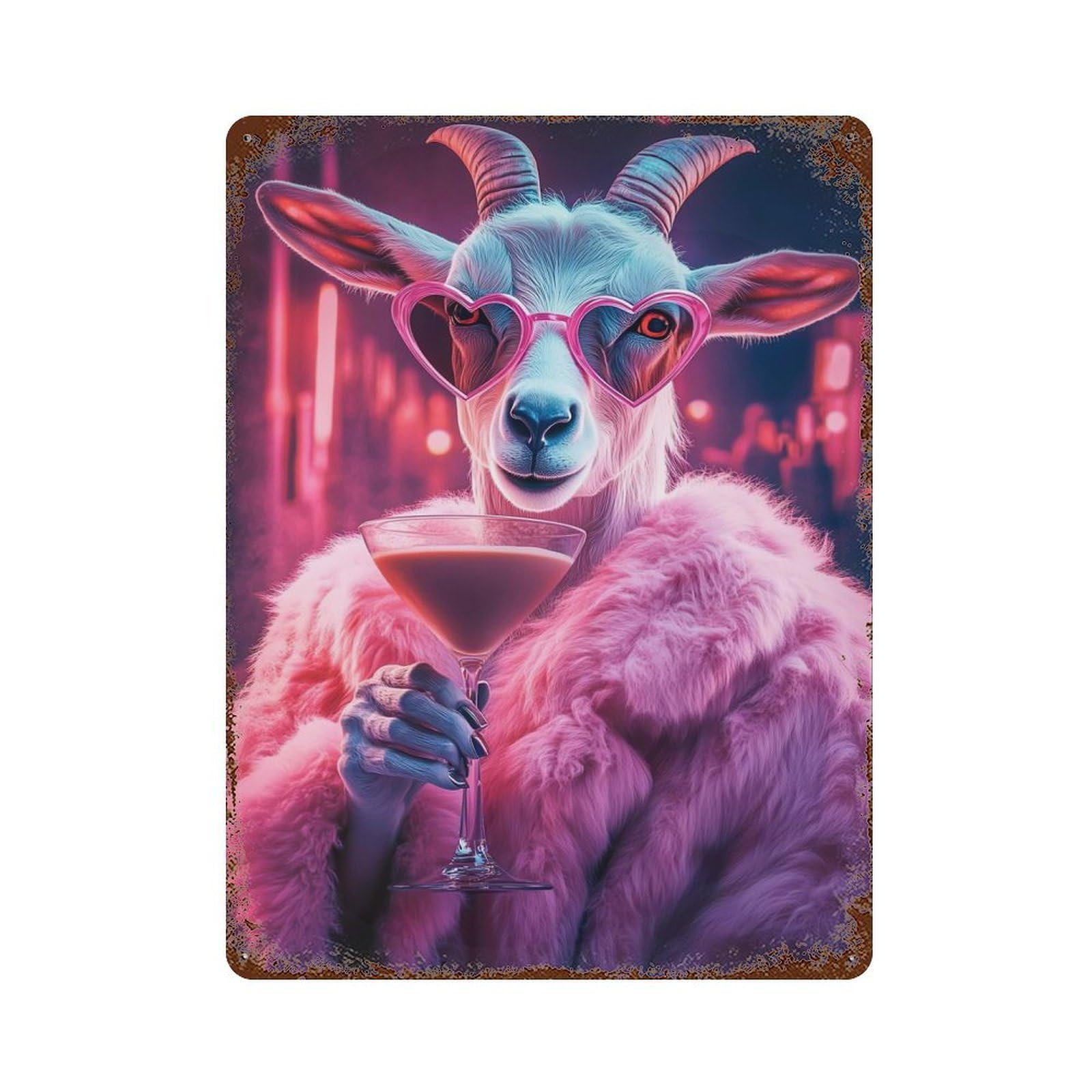 Glamorous Goat with Cocktail Rustic Tin Plaque 15.7"x11.8", Ideal for Shed, Workshop And Garage Wall Decor