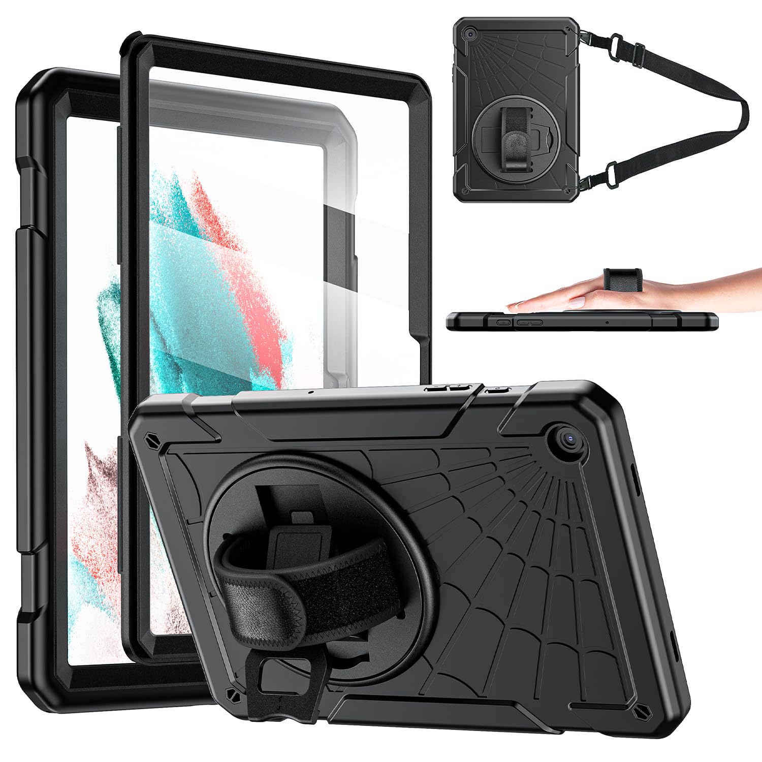 Stweap Case for Samsung Galaxy Tab A9+ / a9 Plus 11'' 2023 (SM-X210/X216/X218), Shockproof Hard Duty Case with Screen Protector+360 Rotating Hand Strap&Stand+Shoulder Strap for Tab A9+ Tablet, Black