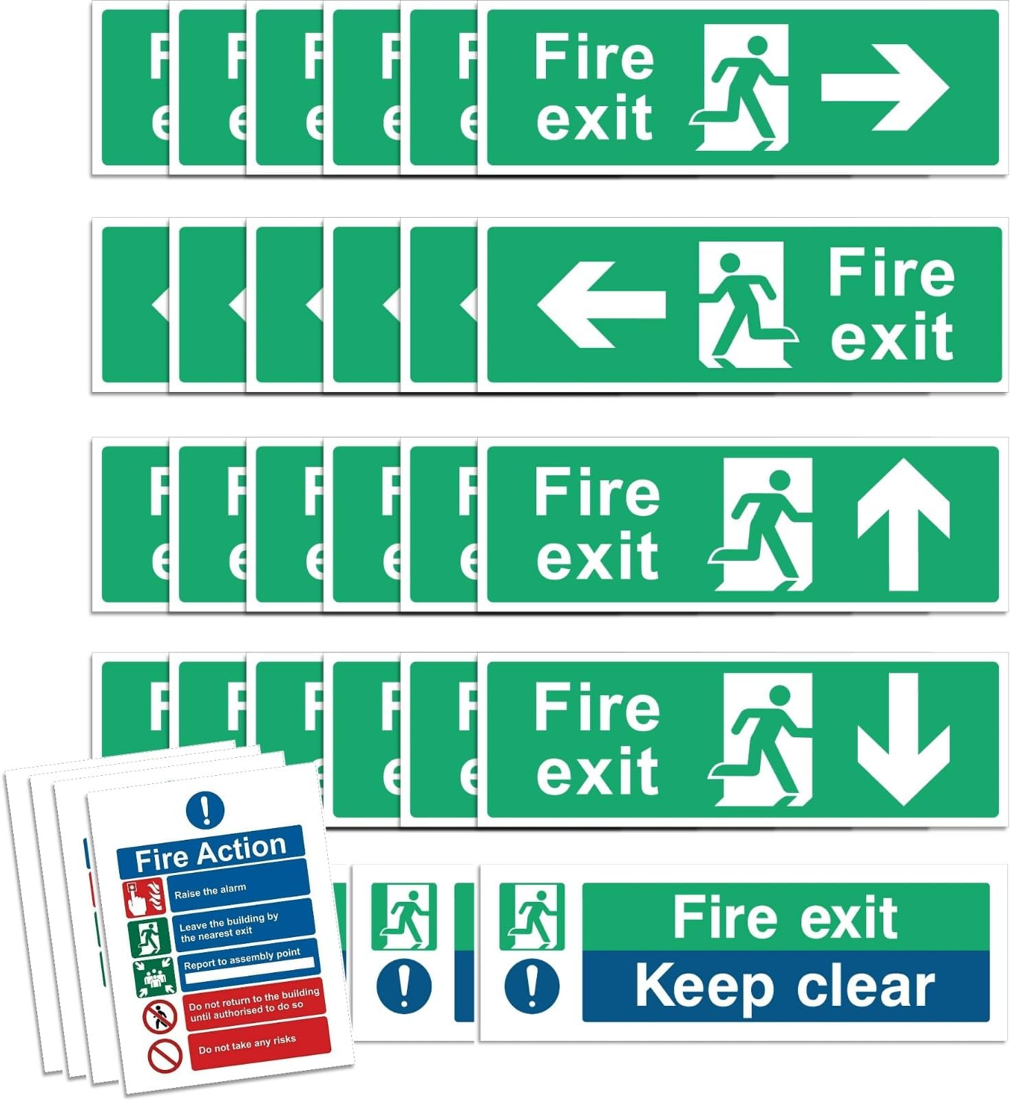 Rubigo Safety Pack of 28, Fire Exit Sign (RIGHT, LEFT, UP, DOWN ARROW) Fire Exit Keep Clear Sign, Fire Signs 30 X 10cm Self Adhesive Vinyl Sticker Emergency Exit Signage, green
