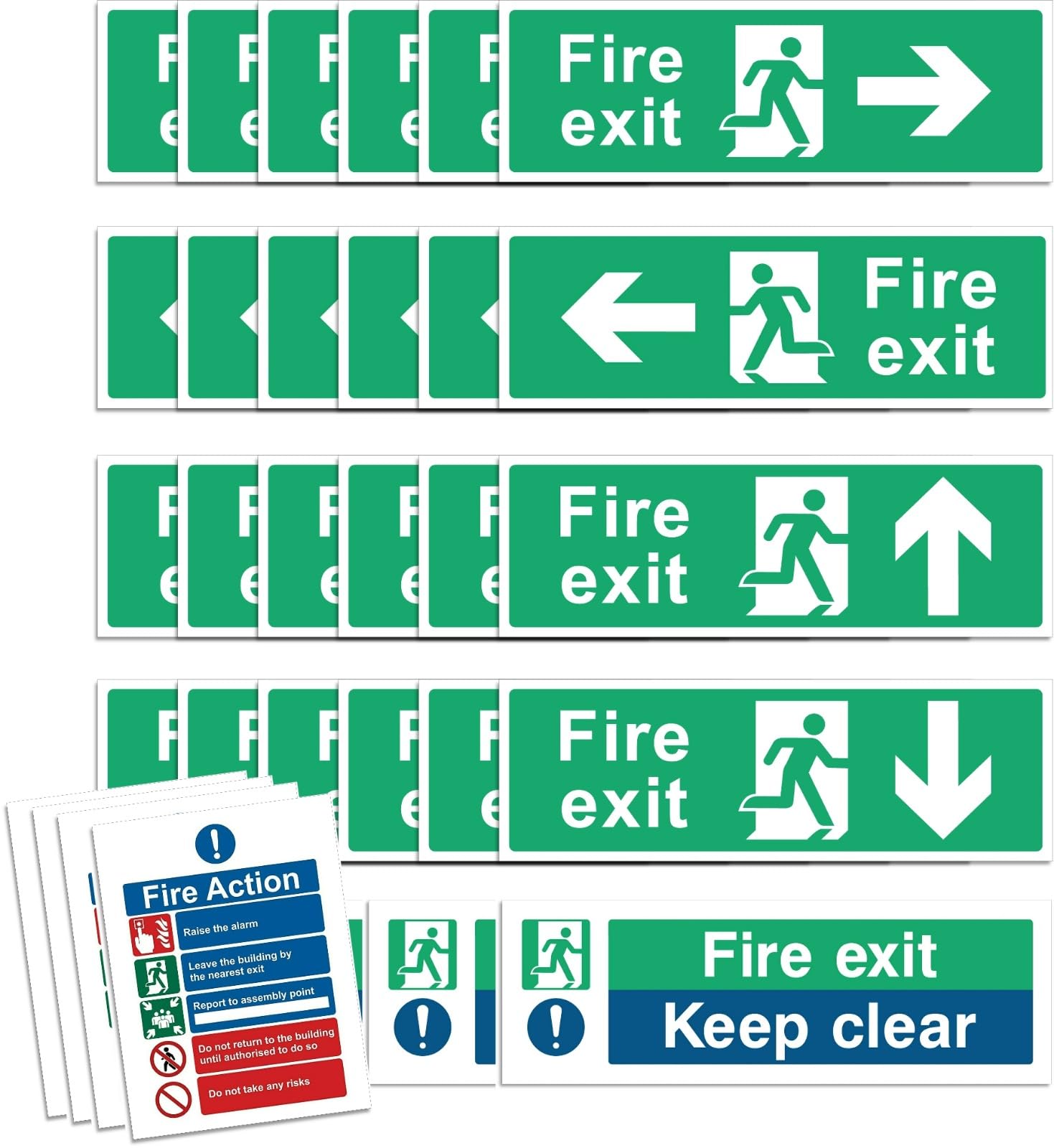 16PK/32PK Fire Exit Signs (RIGHT, LEFT, UP, DOWN ARROW) Keep Clear, Fire Action Safety Signs, 30 X 10cm, Self Adhesive Vinyl Sticker, Emergency Exit Door, Signage (32)
