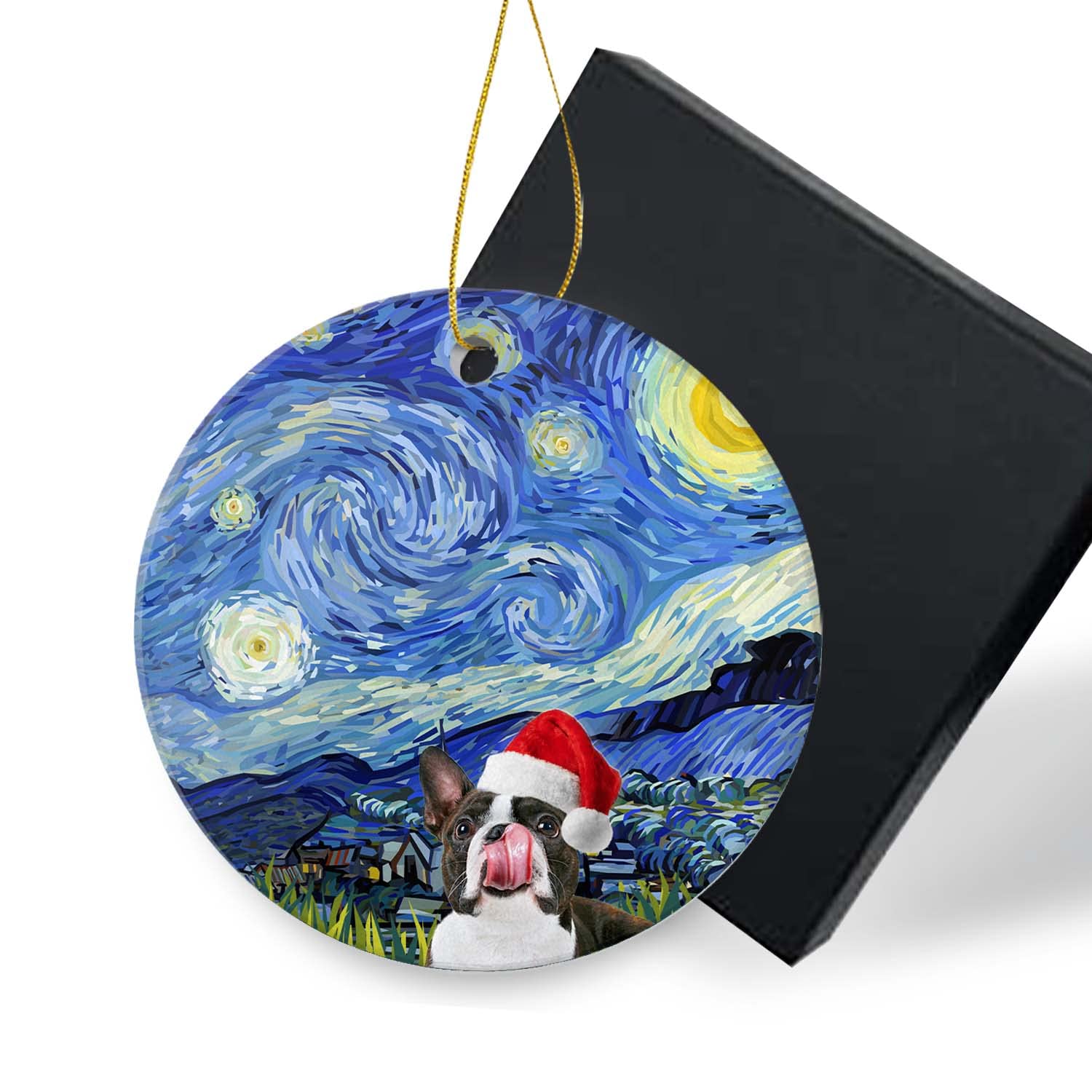 Boston Terrier Weihnachtsbaum-Anhänger – Harz Ornament Mit Rotem Band, Geschenk Für Hundeliebhaber