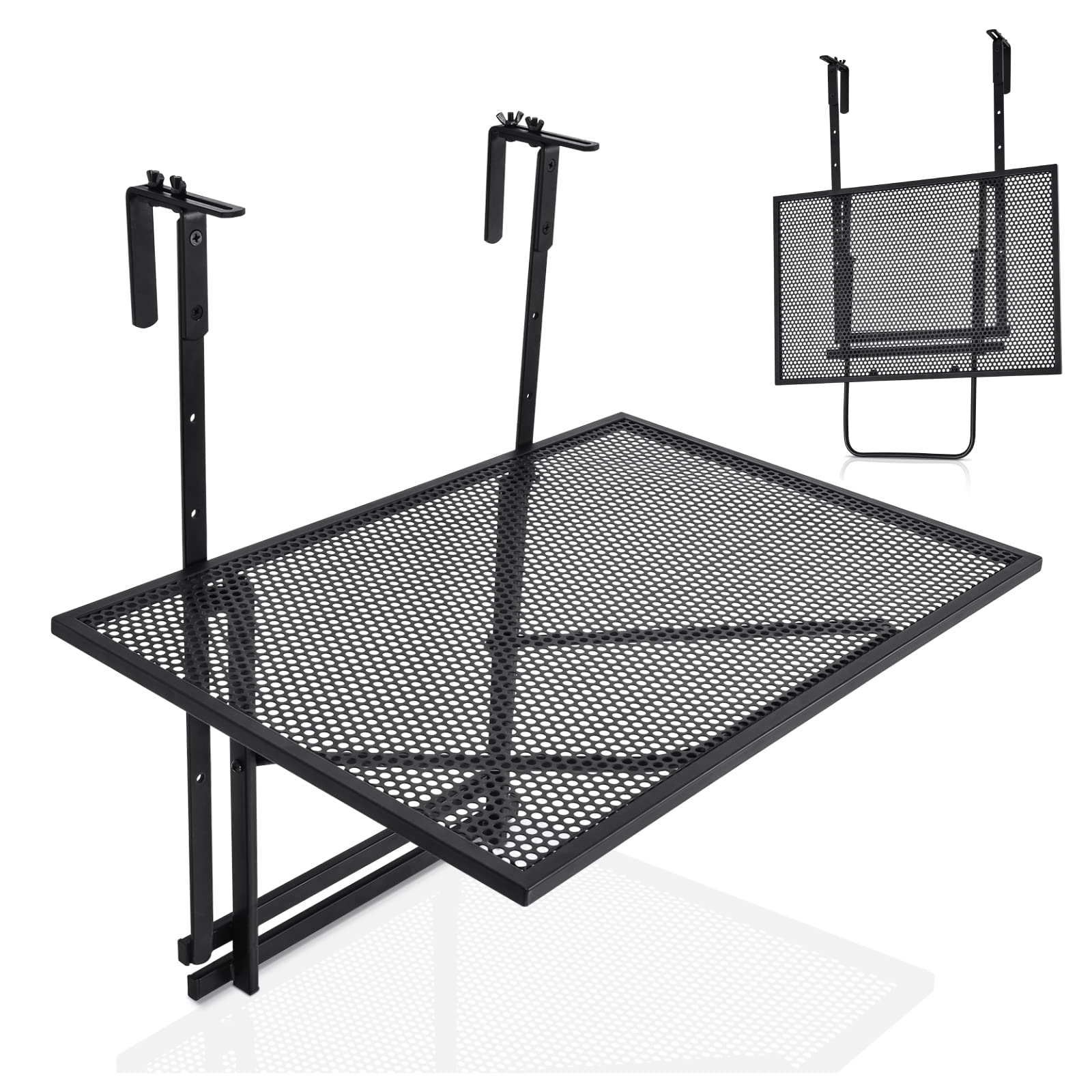 Multigot Folding Hanging Table, Balcony Desk with 5 Adjustable Heights, Outdoor Railing Deck Table for Garden Patio Black (60x48x61cm)