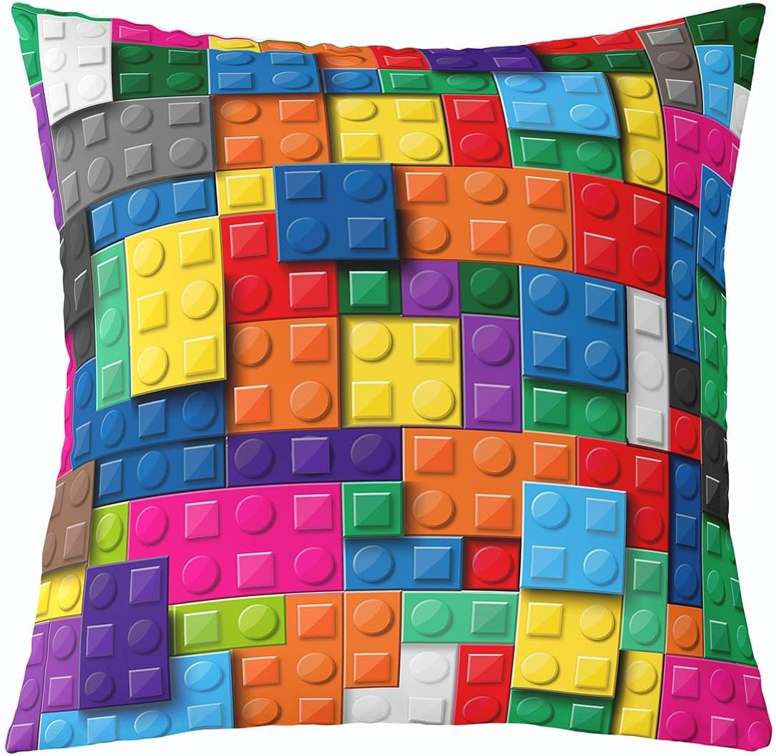 3D Building Blocks Throw Pillow Covers Construction Square Pillow Cases, Rainbow Bricks Decorative Pillowcases Gaming Room Decor Colorful Cushion Covers 16"*16"*1,Blue Orange Yellow Green Magenta