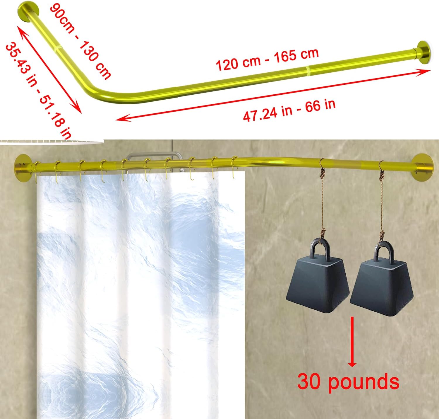 Corner Shower Curtain Rod Adjustable Stainless Steel L Shaped Rack Drill Free Install for Bathroom, Bathtub, Clothing Store (Gold 35.5"-51.2" x 47.24"- 65")