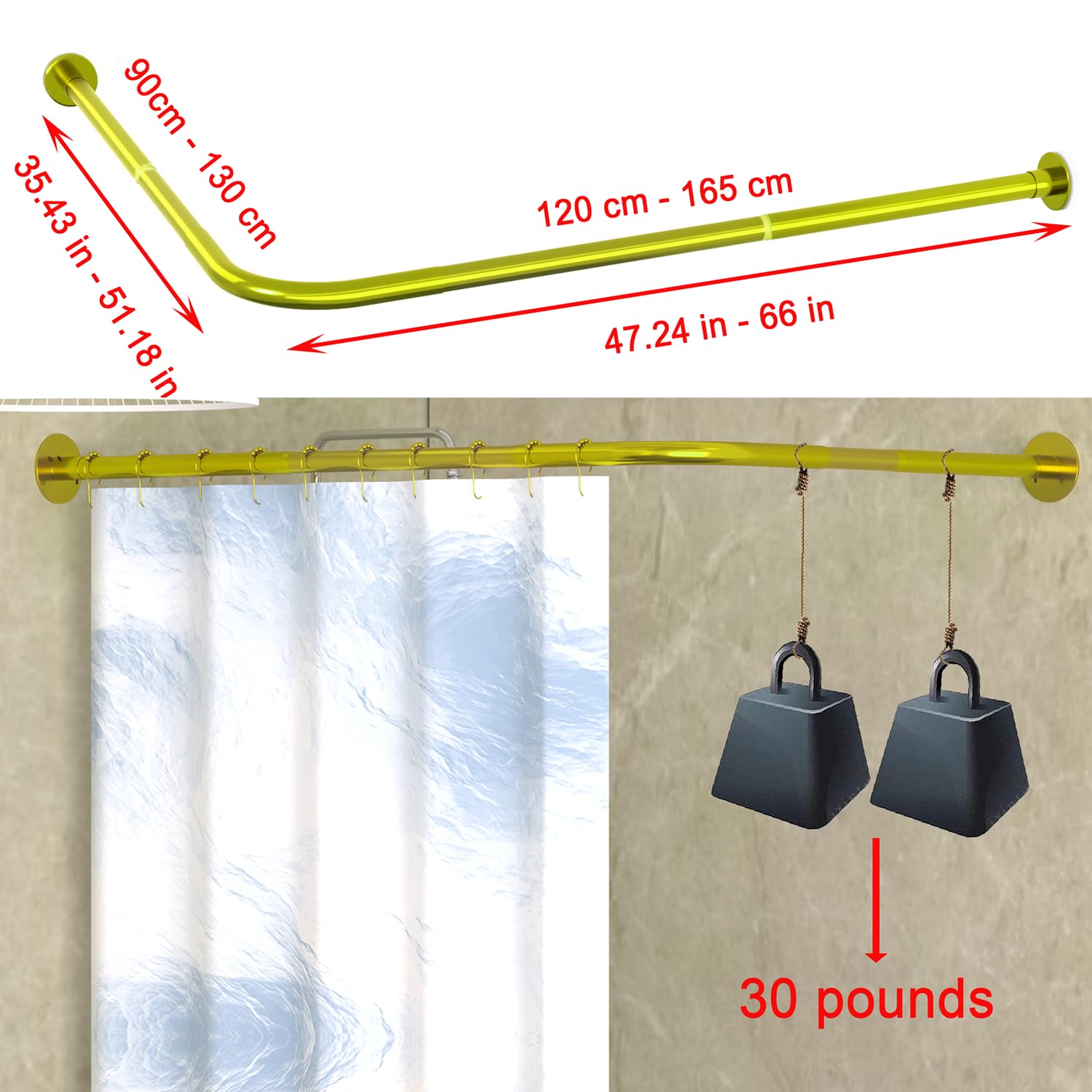 Tanxih Corner Shower Curtain Rod Adjustable Stainless Steel L Shaped Rack Drill Free Install for Bathroom, Bathtub, Clothing Store (Gold 35.5