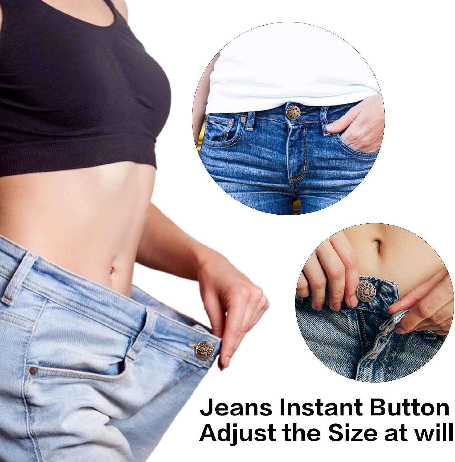 8 Sets Button Pins, CampTek Nailing-Free Jean Buttons, 8 Styles Button Pins for Jeans No Sew, Metal Buttons Adds Or Reduces an Inch to Any Pants Waist in Seconds