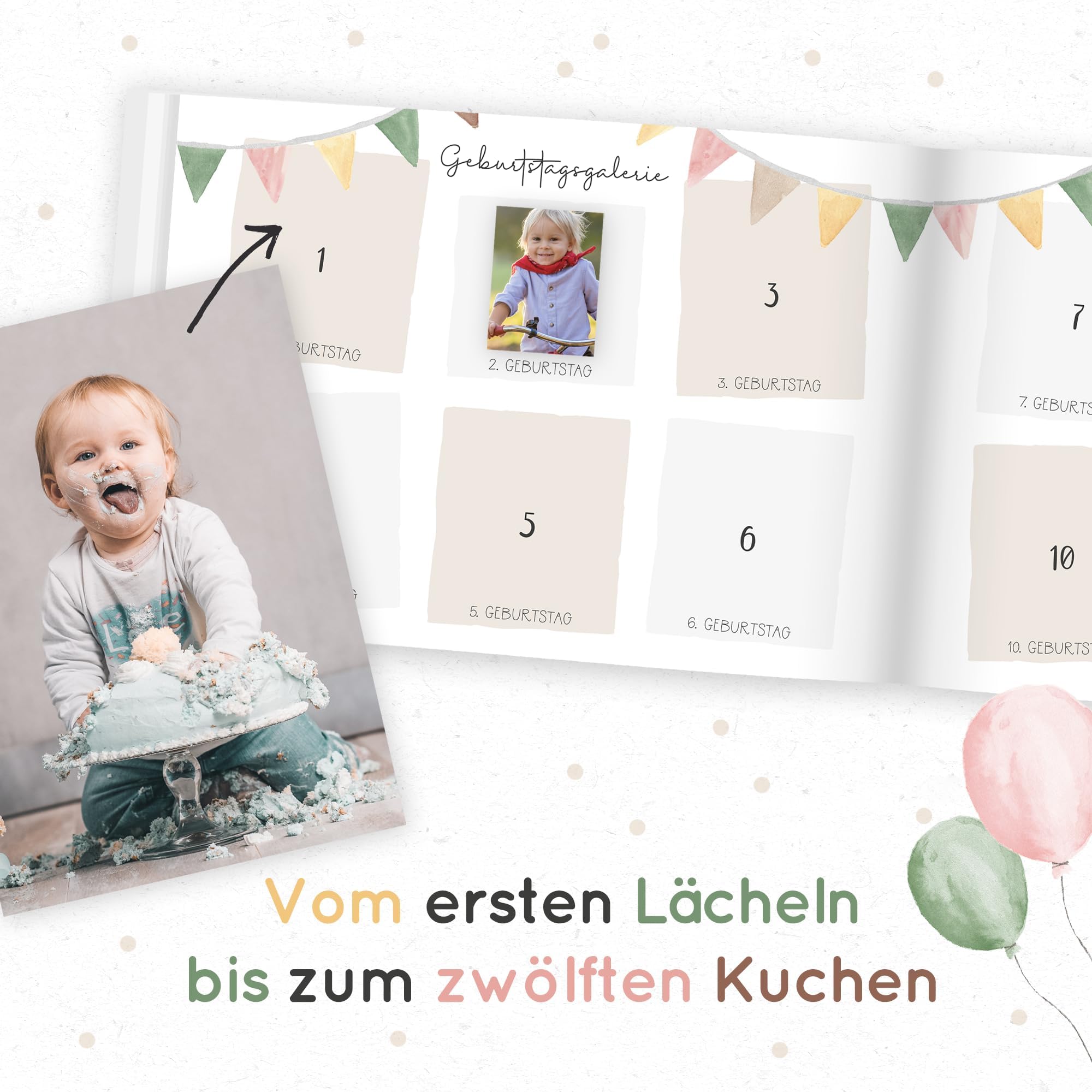 Geburtstagsbuch Erinnerungsalbum – Meine Geburtstage von 1 bis 12, Geschenk zum 1 Geburtstag für Mädchen und Jungs, DIN A5