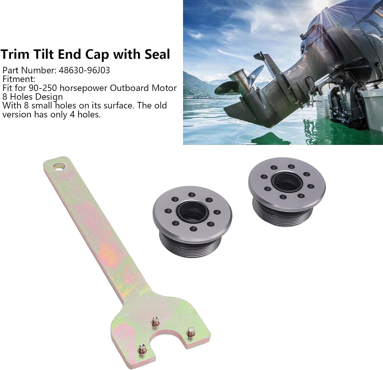 Trim Tilt Cylinder End Cap with Seal and Wrench, 8-Hole Design for 90-250HP Outboard Motor – Replaces OE 48630-96J03
