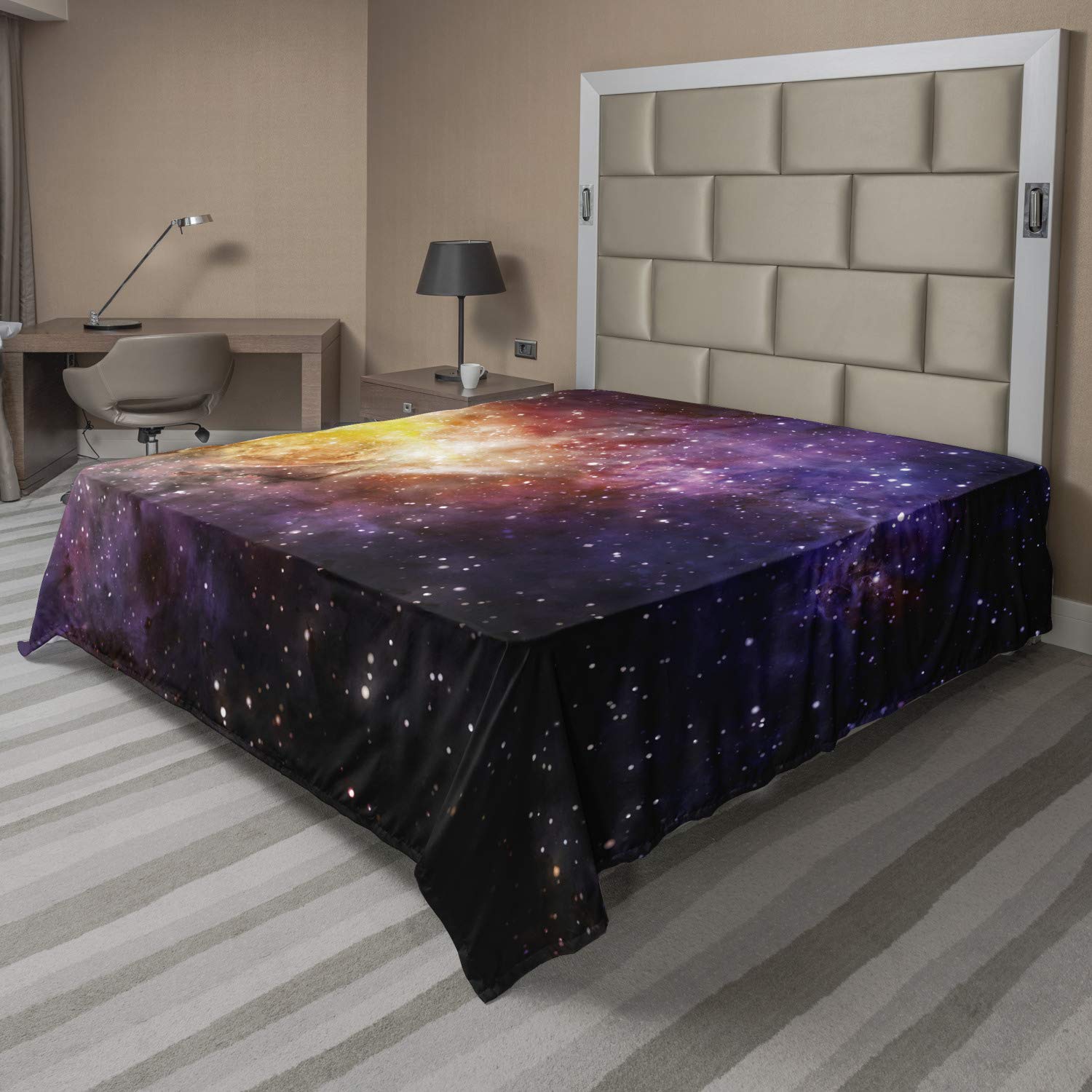 Ambesonne Galaxy Flat Sheet, Nebula Gas Cloud Image Vivid Starfield Cloud Starry Deep Outer Space Print, Soft and Comfortable Top Sheet Decorative Bedding 1 Piece, Full Size, Black Purple Yellow