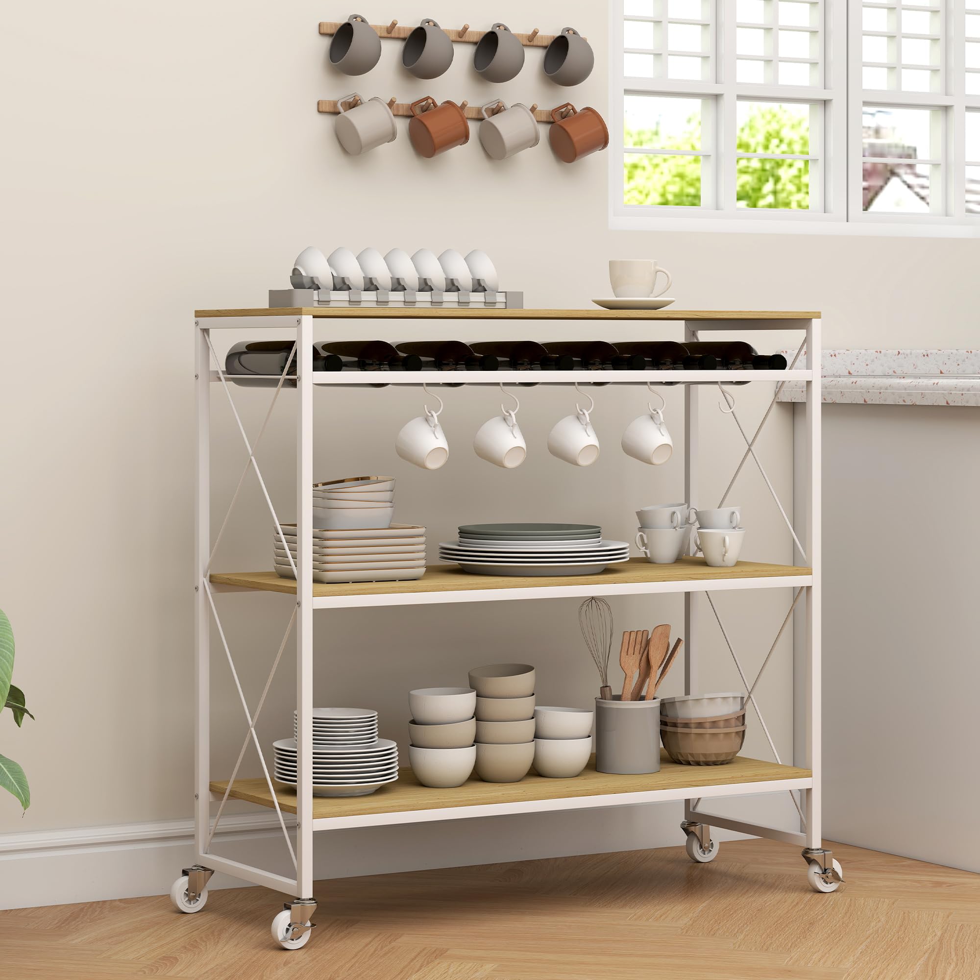 HOMCOM Carrello da Cucina a 4 Livelli con Portabottiglie e 5 Ganci Rimovibili, Carrello Portavivande Salvaspazio con Ruote a Freno in Legno e Metallo, 96.5x38x96.7 cm, Color Legno
