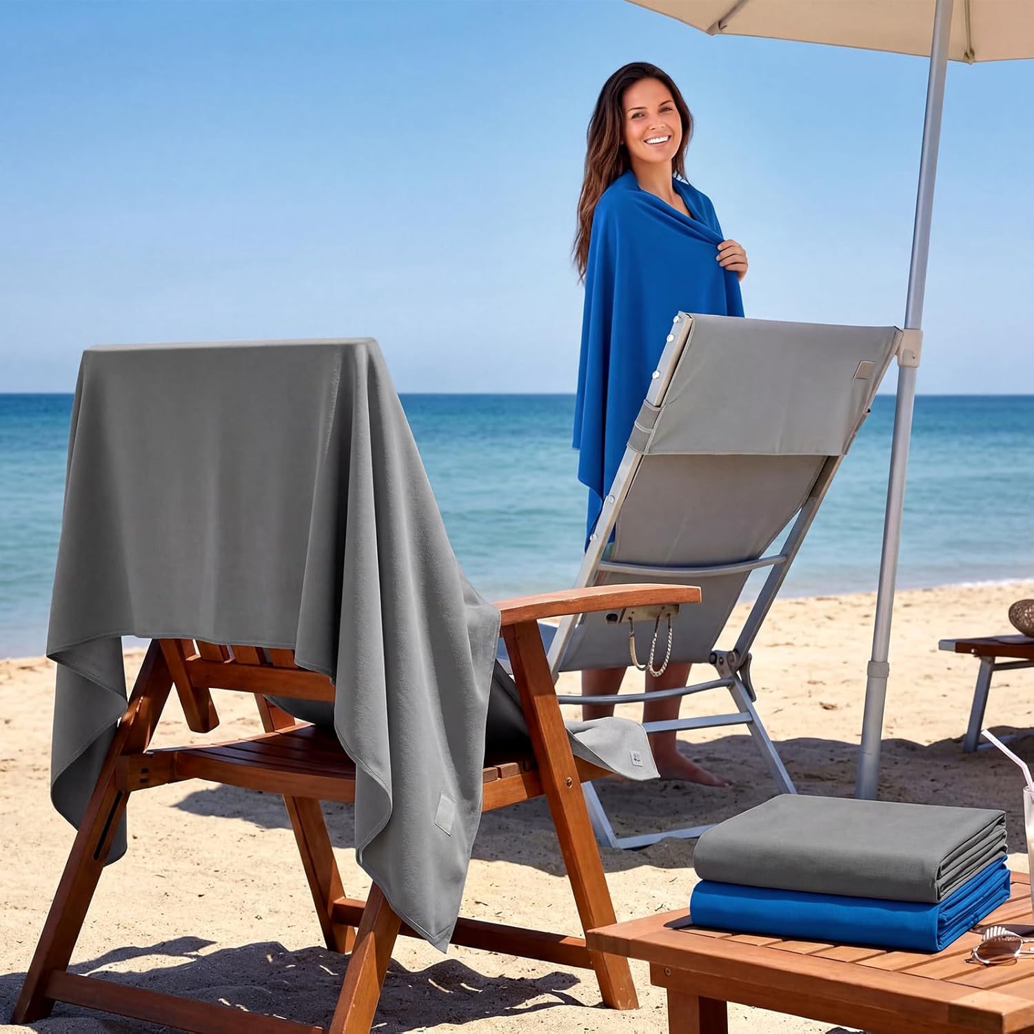 Tegeme 2 Pcs Outdoor Magnetic Beach Towel 30"x75" Microfiber Beach Bath Towel with Magnetic Corners for Swimming Pool Travel Gym Camping (Dark Gray,Royal Blue)