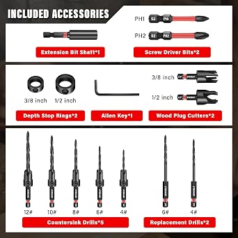 DIYSELF 15 PCS Countersink Drill Bit Set, M2 HSS Bits for Wood
