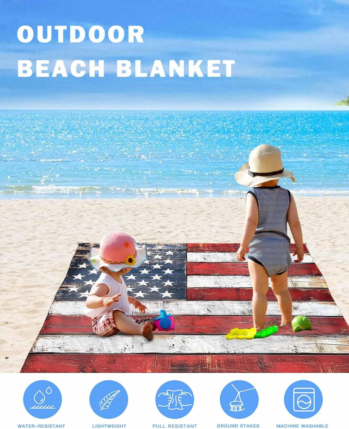 Retro USA Flag on Shabby Wood Beach Blanket Extra Large 83x79in Outdoor Waterproof Sandproof Picnic Blankets with Stakes Lightweight Beach Mat for Camping Travel Hiking,4th of July Star Stripe Wooden