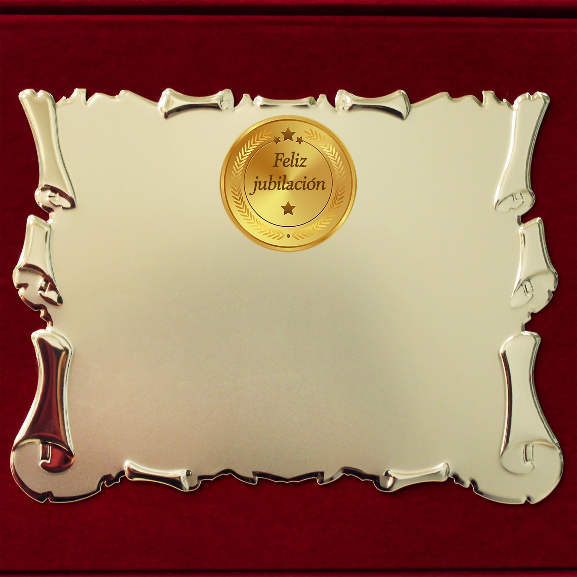 Placa de Jubilación Personalizada | Regalo de Agradecimiento por Retiro | Targa Estilo Pergamino con Estuche Elegante | con Medalla Elegante