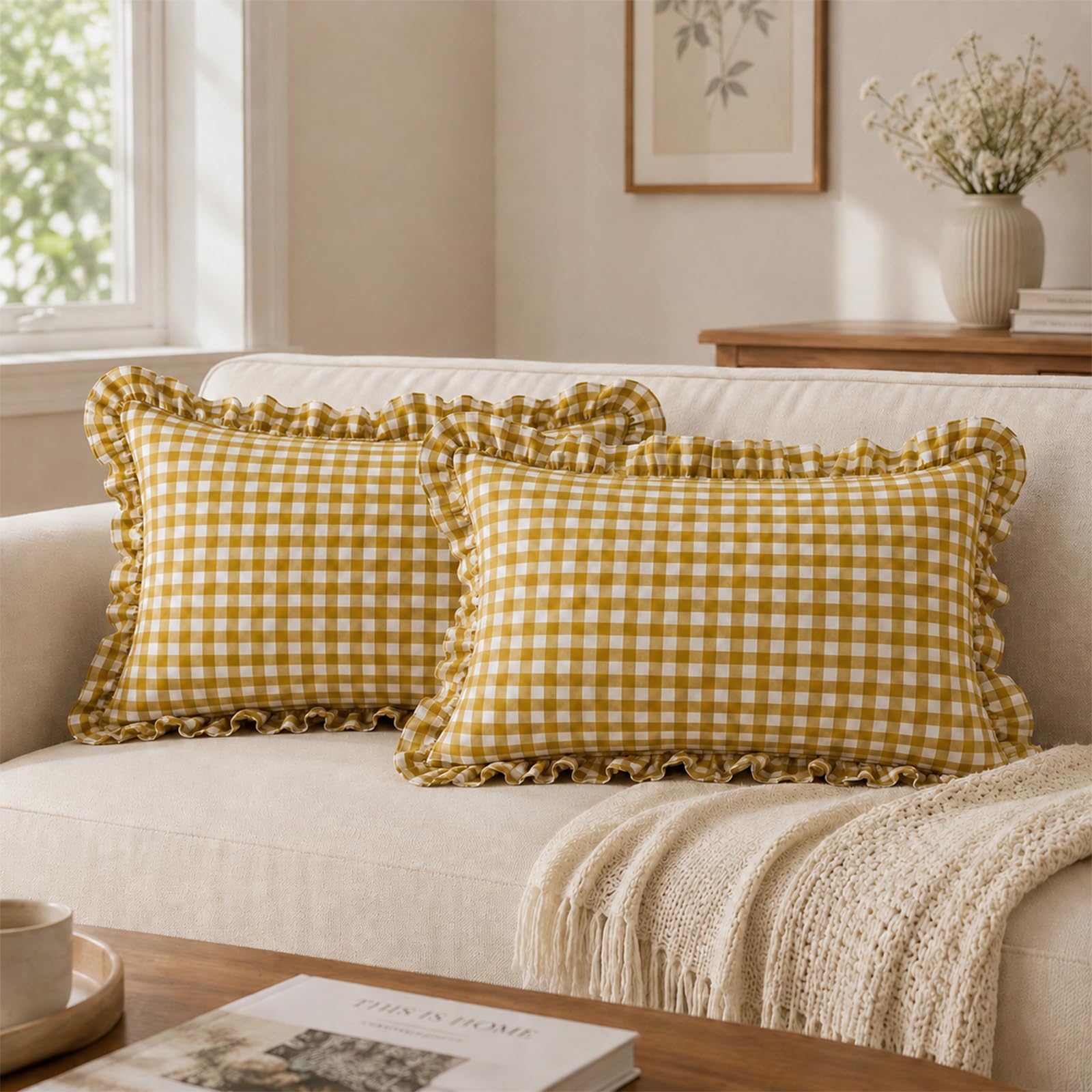 LOHDALOLF Pack of 2 Mustard Yellow Ruffle Lumbar Cushion Covers 30x50 cm, Checkered Fabric Gingham Decorative Oblong Cushions, French Cottage Style Home Decor โ image 1