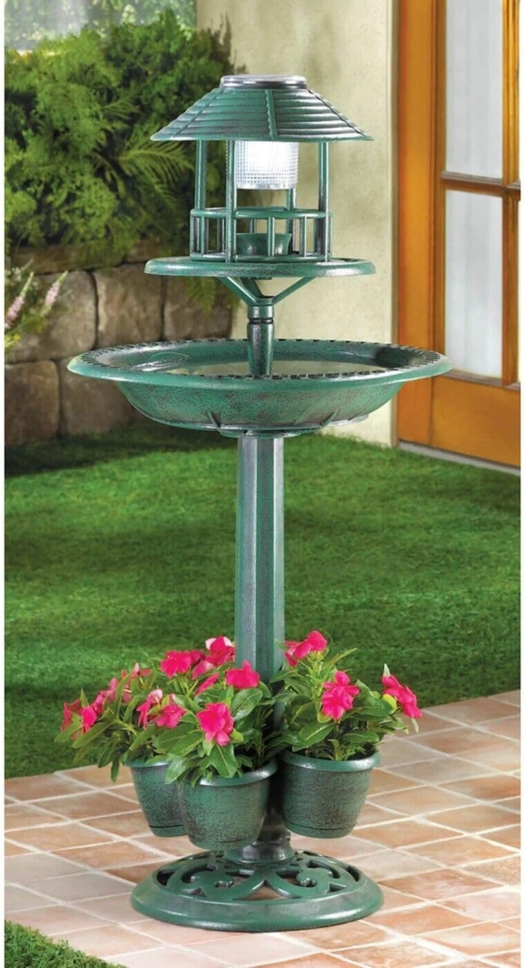 NYW Solar Lamp Bird Bath Pedestal LED Light Flower Planter Plastic Garden Decor