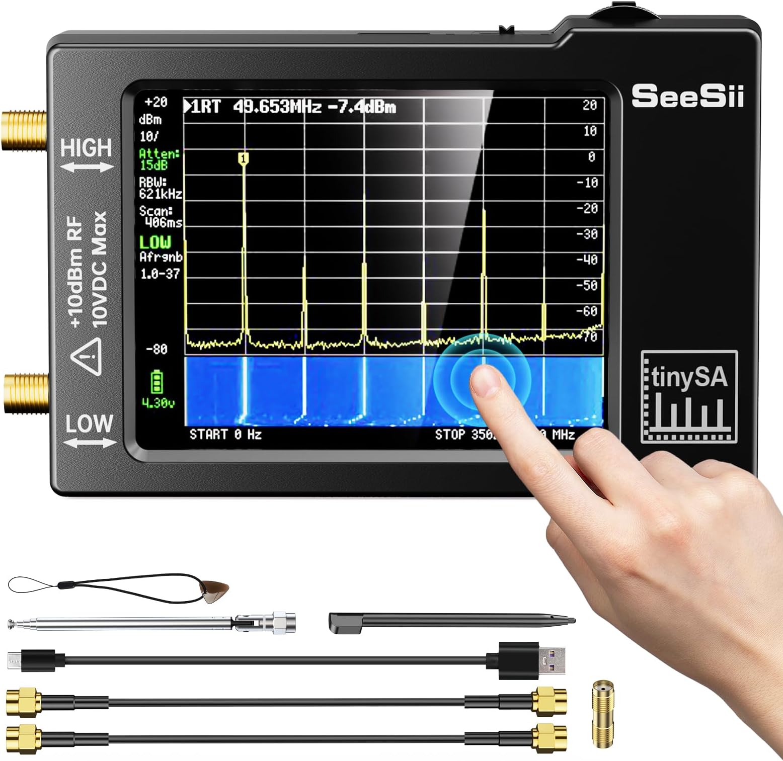 Seesii TinySA Portable Spectrum Analyzer Handheld Tiny Frequency Analyzer 100KHz to 960MHz MF/HF/VHF UHF Input Signal Generator with 2.8" Touch Screen Battery