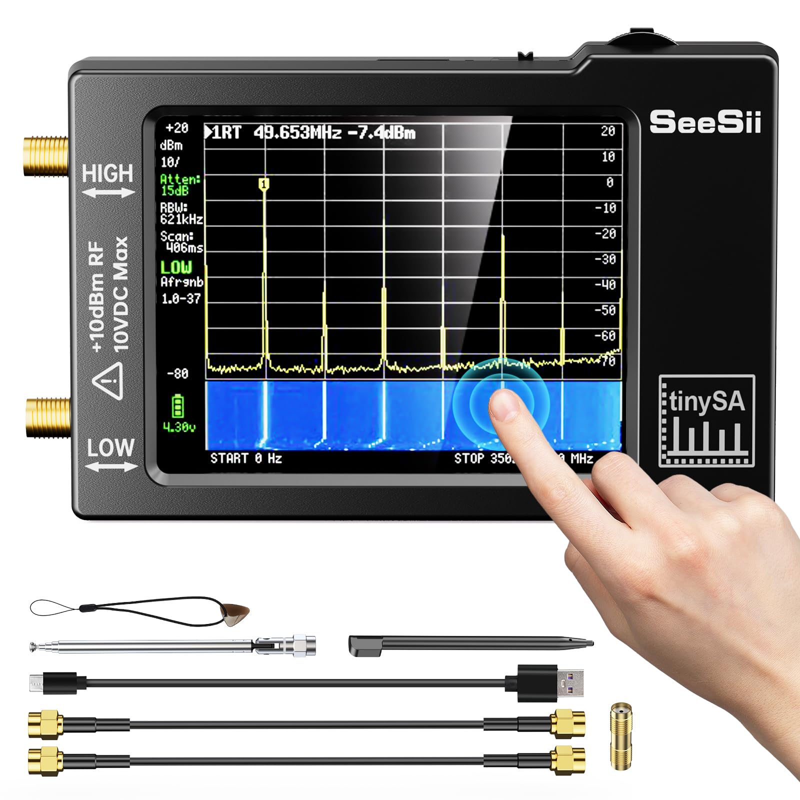 Portable TinySA Spectrum Analyzer,SEESII Upgraded V0.3.1 Handheld Tiny Frequency Analyzer 100kHz to 960MHz MF/HF/VHF UHF Input,Signal Generator with 2.8 inch Touch Screen with ESD Protect Function