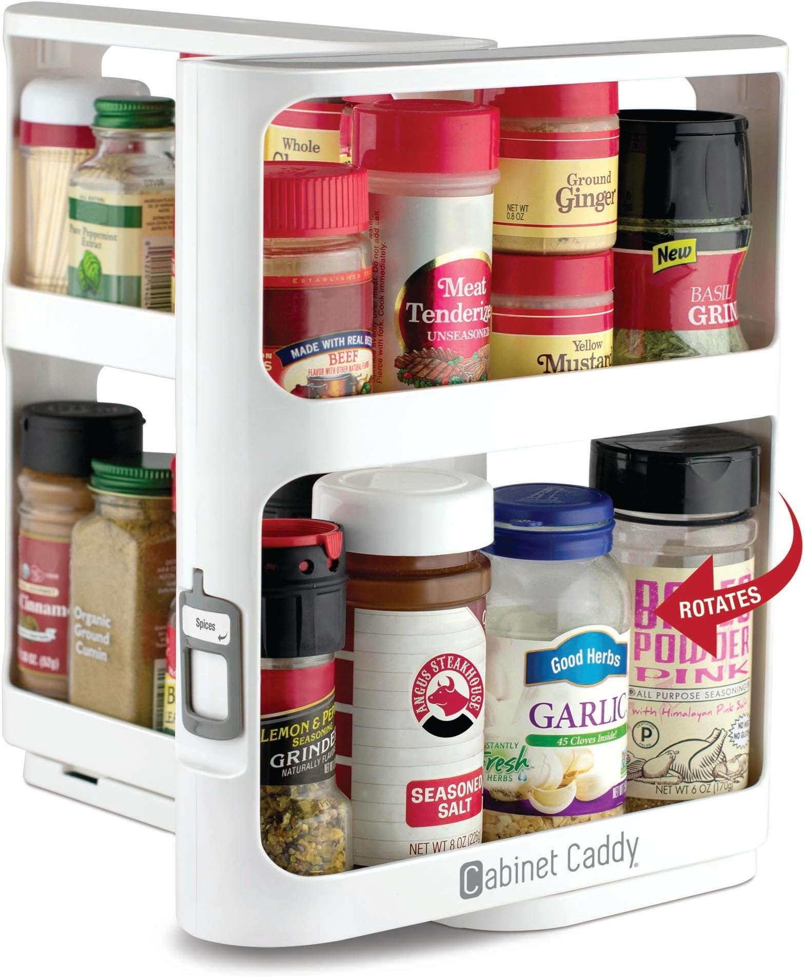 Cabinet Caddy (White) | Pull-and-Rotate Spice Rack Organizer | 2 Double-Decker Shelves | Modular Design | Non-Skid Base | Stores Prescriptions, Essential Oils | 10.75"H x 5.25"W x 10.75"D