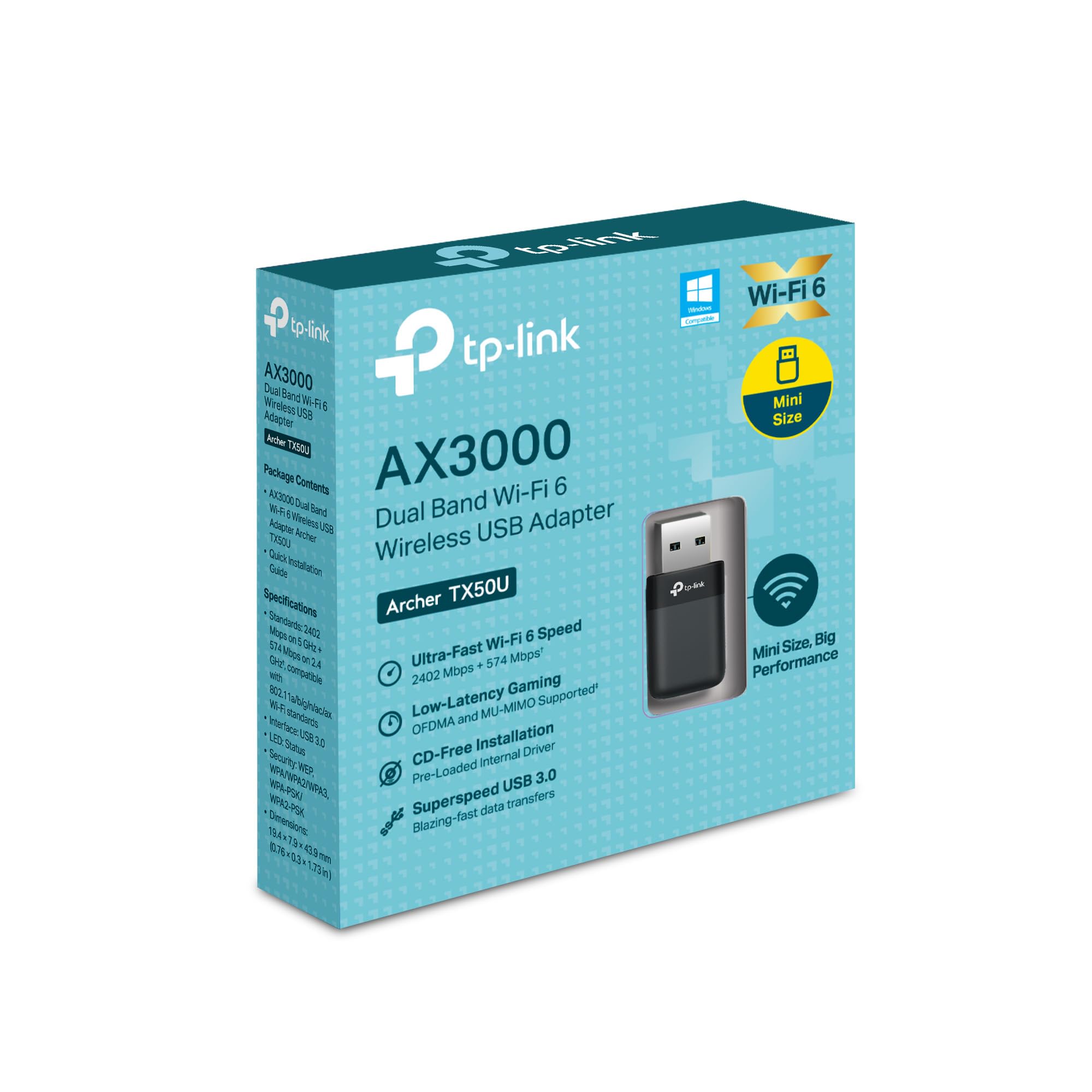TP-Link Archer TX50U AX3000 - Adaptador Wi-Fi 6 USB para Ordenador, Adaptador de Red inalámbrica de Doble Banda rápido y Estable, USB 3.0, Plug and Play, MU-MIMO | OFDMA|WPA3, Compatible
