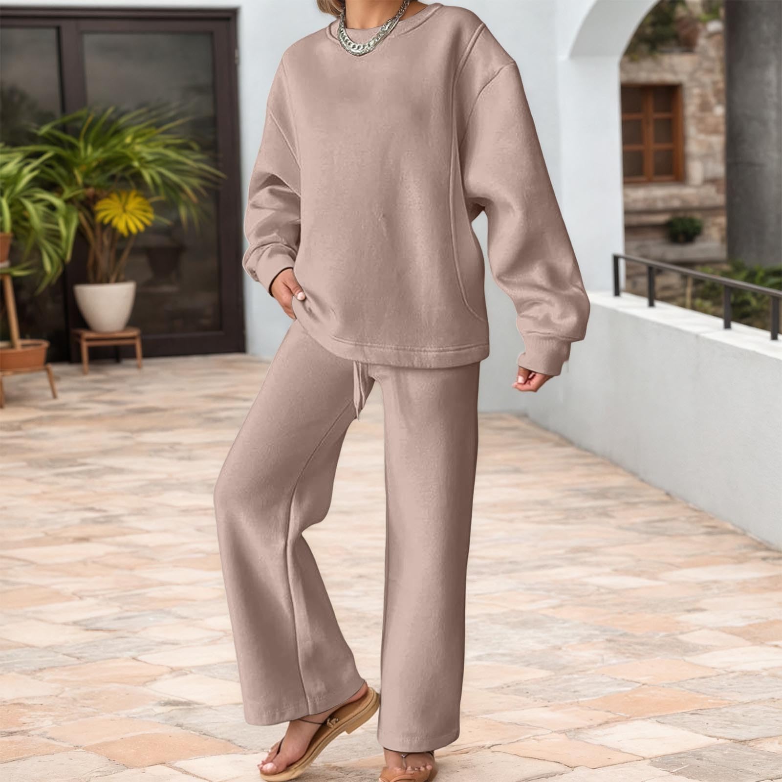 Einfarbiger Damen Hosenanzug Langärmliger Jumpsuit mit Rundhalsausschnitt Weitem Bein Entspannte Passform Elegant Lässig
