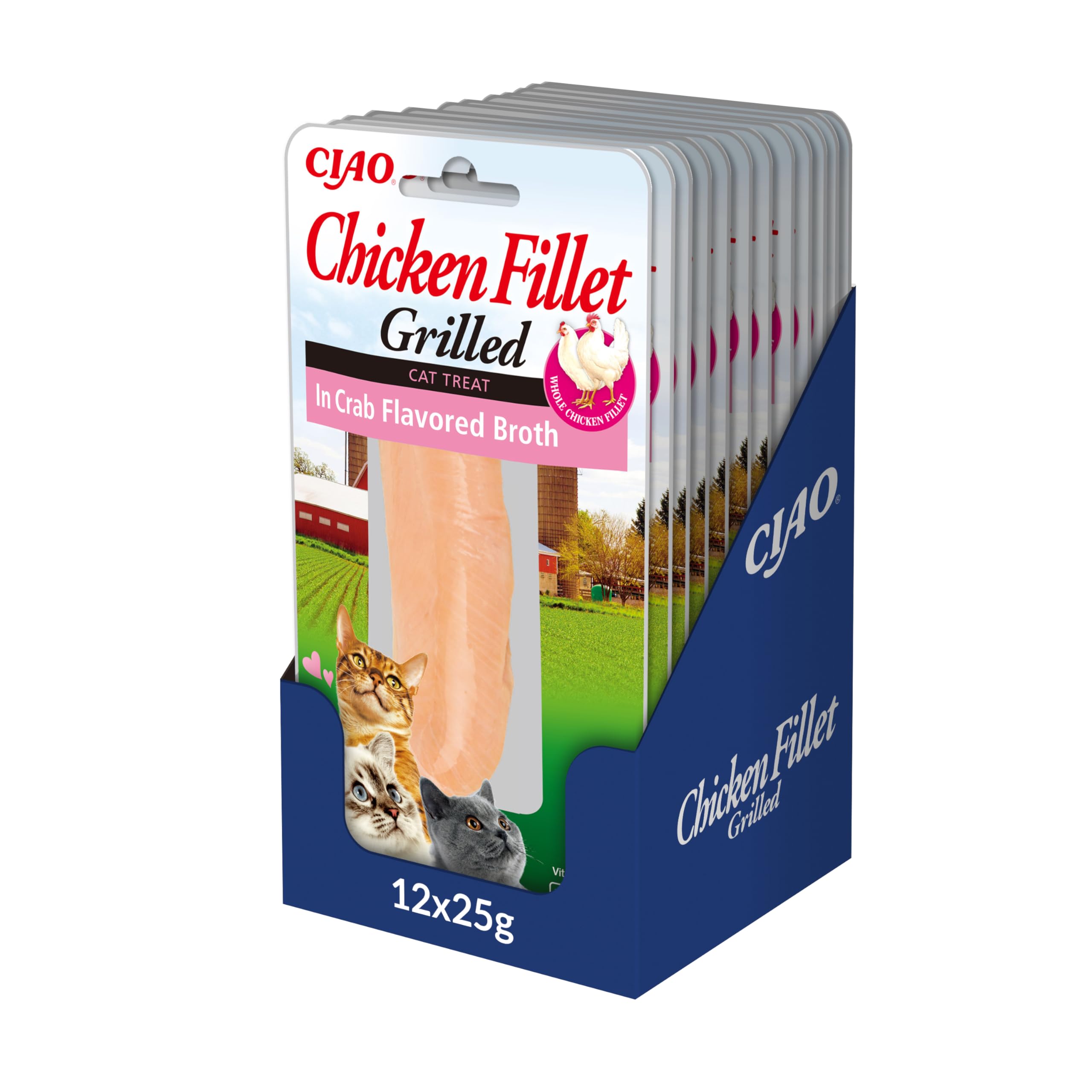 INABA Filetti di Pollo Grigliato per Gatti, in Brodo al Gusto di Granchio - Snack Gatto Ricco di Antiossidanti Senza Conservanti o Coloranti Artificiali, Grain-Free - Cibo per Gatti, 12 Filetti x 25g