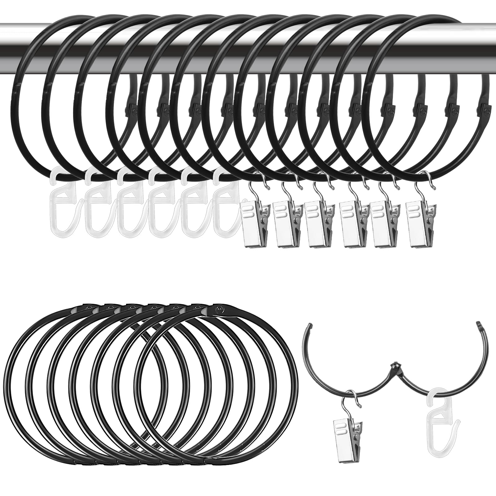 HavaCue 20Pcs 50mm Curtain Rings with Clips, Black Metal Curtain Clips