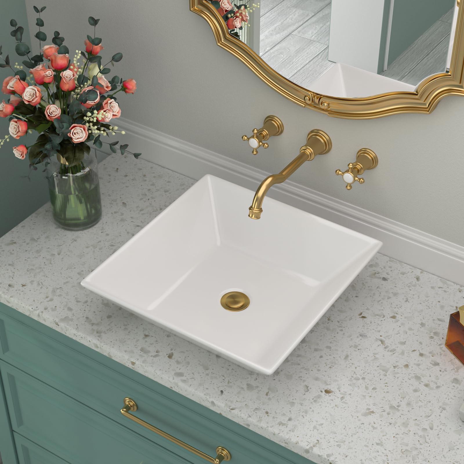 Évier carré de salle de bain en porcelaine pour un plan de toilette épuré