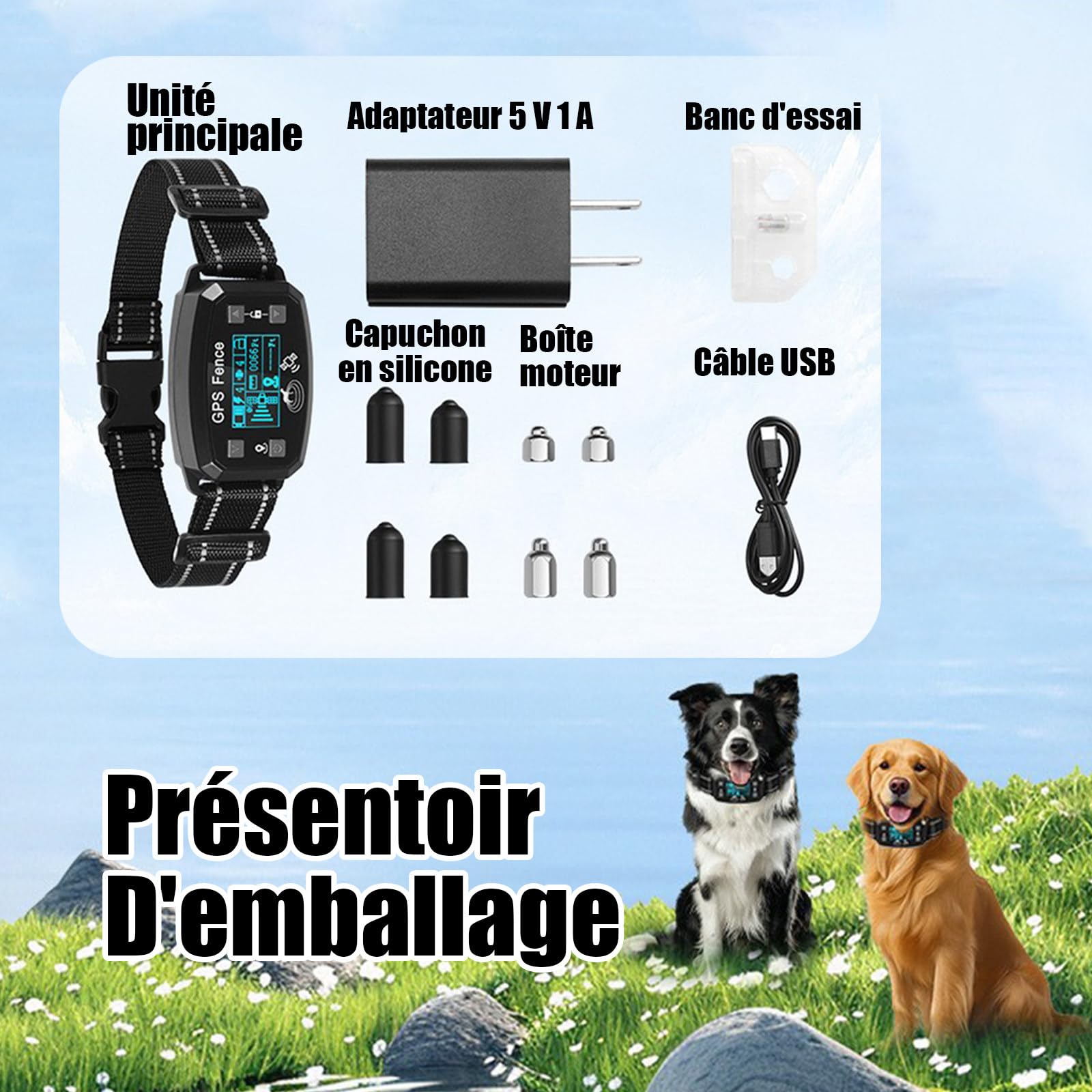 Billg Collier de Dressage pour Chien, Résistant à L’Eau Collier de Dressage sans Fil GPS, 3 Modes Clôture Anti-Fugue pour Grands Espaces Ouverts, Portée de 30 à 2000m, 9 Niveaux de Sensibilité