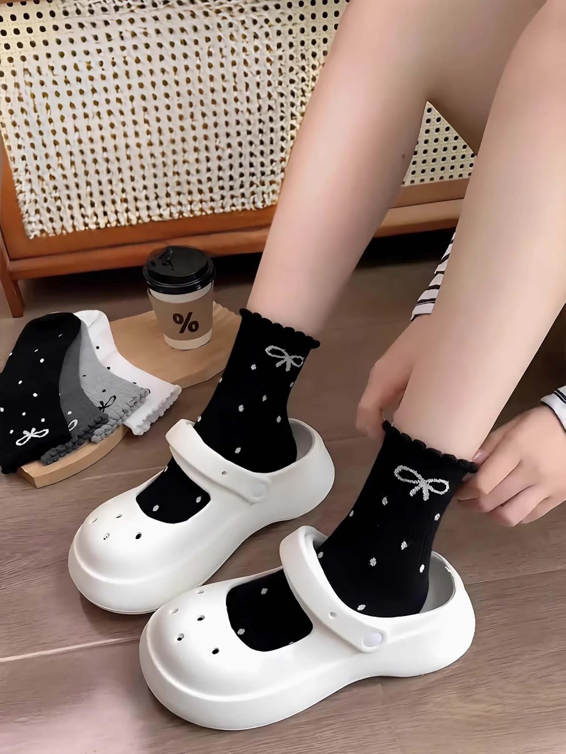 frilly bow polka dot coquette socks for girls, cute ruffle aesthetic fashion women socks crew, fall gifts breathable kawaii y2k sock with designs 4 pcs - Image 4