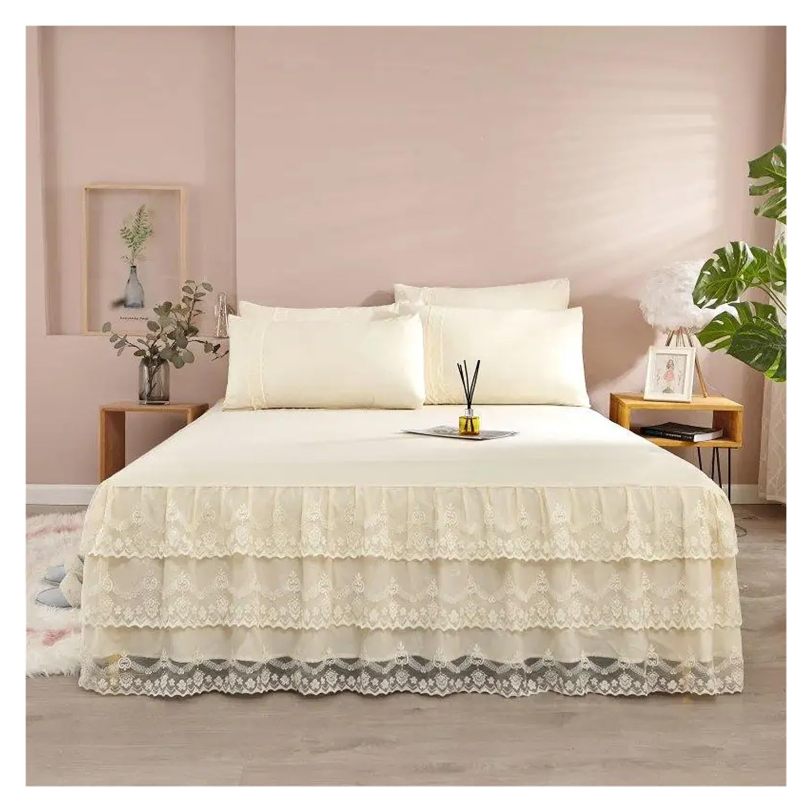 Bed Skirt Pillowcase Bed Set Ruffle Three Layers Lace Bedspreads Sheet Soft Fitted Sheet Cover(2,150x200cm 3pcs set)