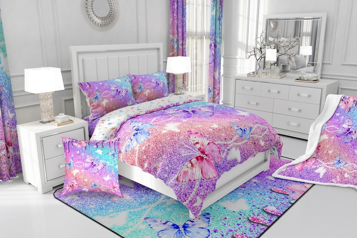 Feelyou Glitter (No Glitter) Sherpa Blanket Boys Girls Twin 60"x80" Stylish Butterfly Fleece Throw Blanket for Bed Sofa Couch Kids Ultra Soft Animals Plush Blanket Silver Rainbow Fuzzy Blanket