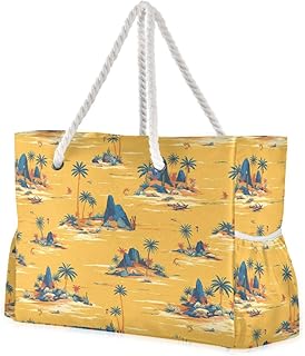 Tropical Island - Bolsa de playa con asas para mujer, con bolsillos impermeables, color amarillo, Amarillo, Talla única