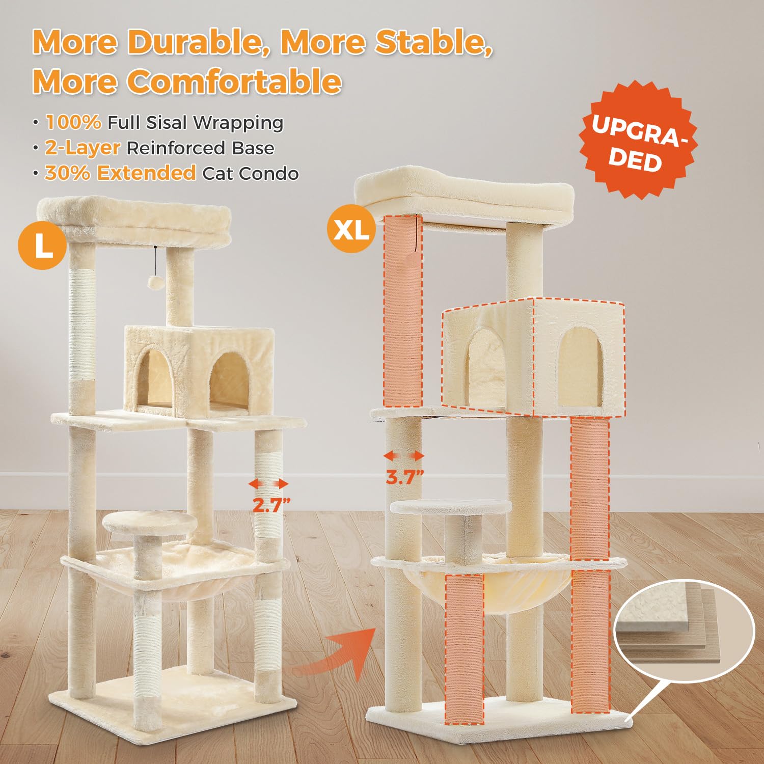PAWZ Road Albero per gatti grande da 147 cm, con tiragraffi ispessiti (φ3,7 pollici) per gatti adulti di grandi dimensioni, 13,6 kg, centro attività multi-livello con struttura in metallo, amaca e