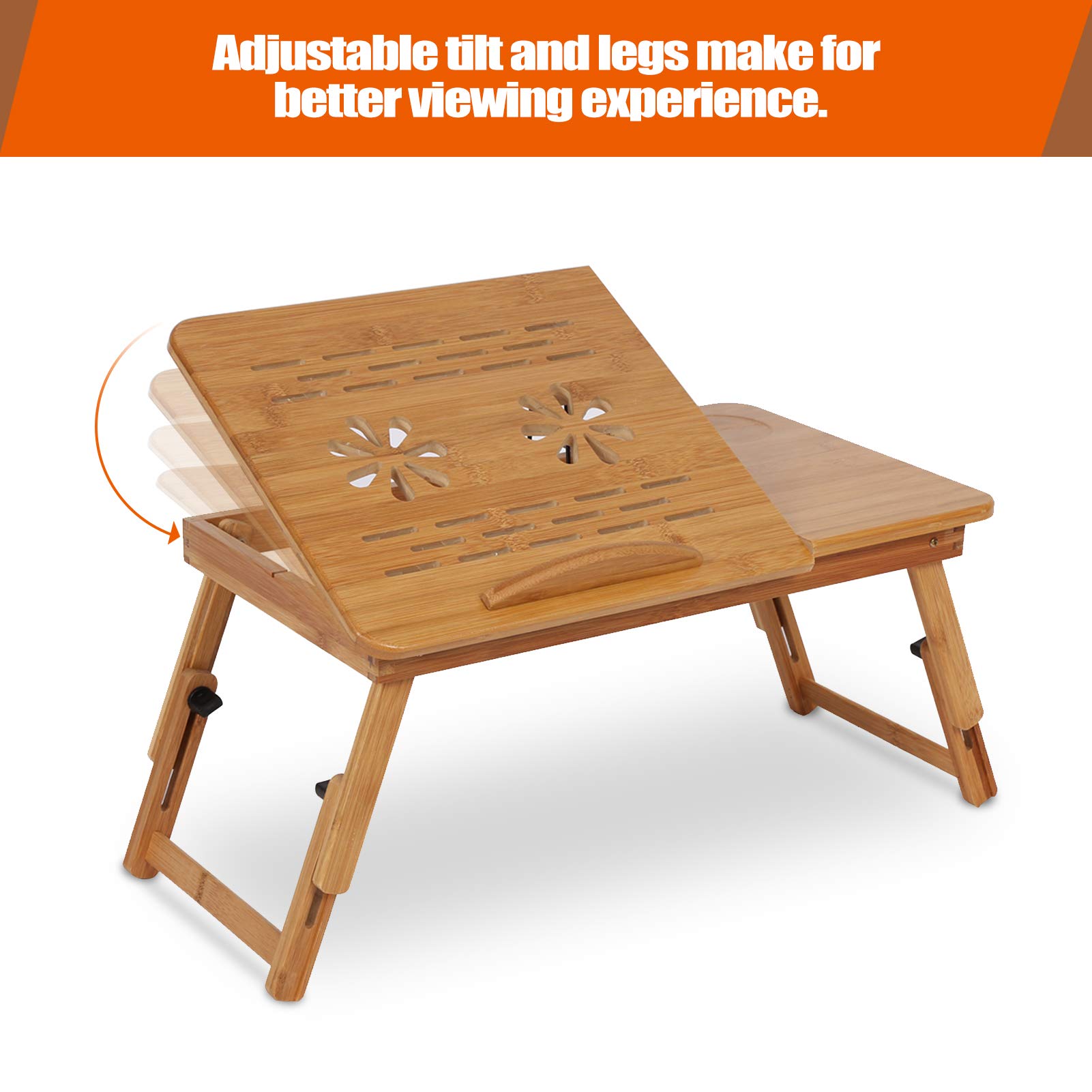 Scrivania per Letto Regolabile in Bambù Portatile con Supporto Antiscivolo Scanalatura per Tazza e Inclinazione Regolabile per Notebook Lettura