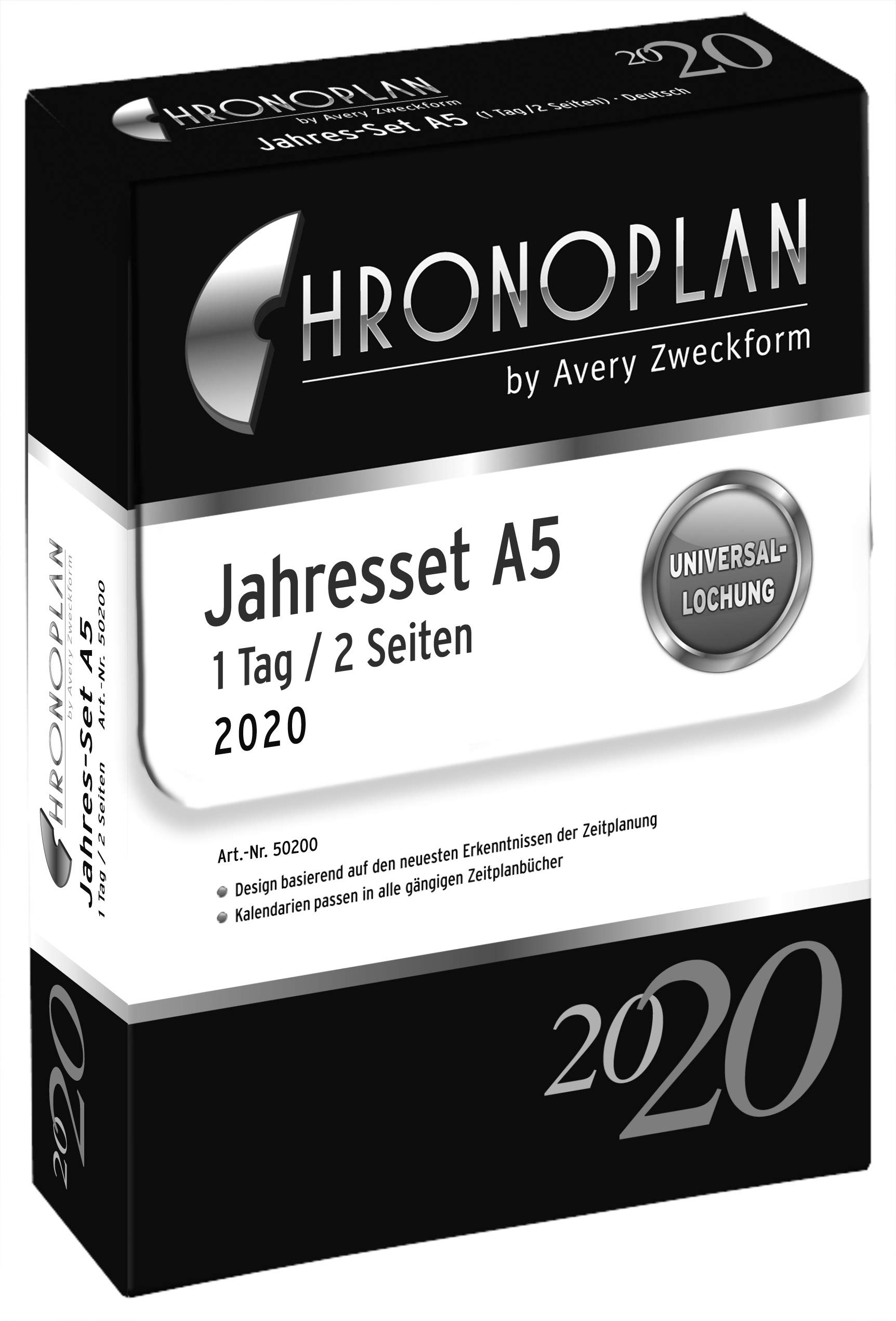 Chronoplan 50200 - Inserto per calendario 2020 (set annuale A5 con piani giornalieri (148 x 210 mm), calendario di ricambio, ideale per pianificazione giornaliera professionale, multilfori (1 giorno