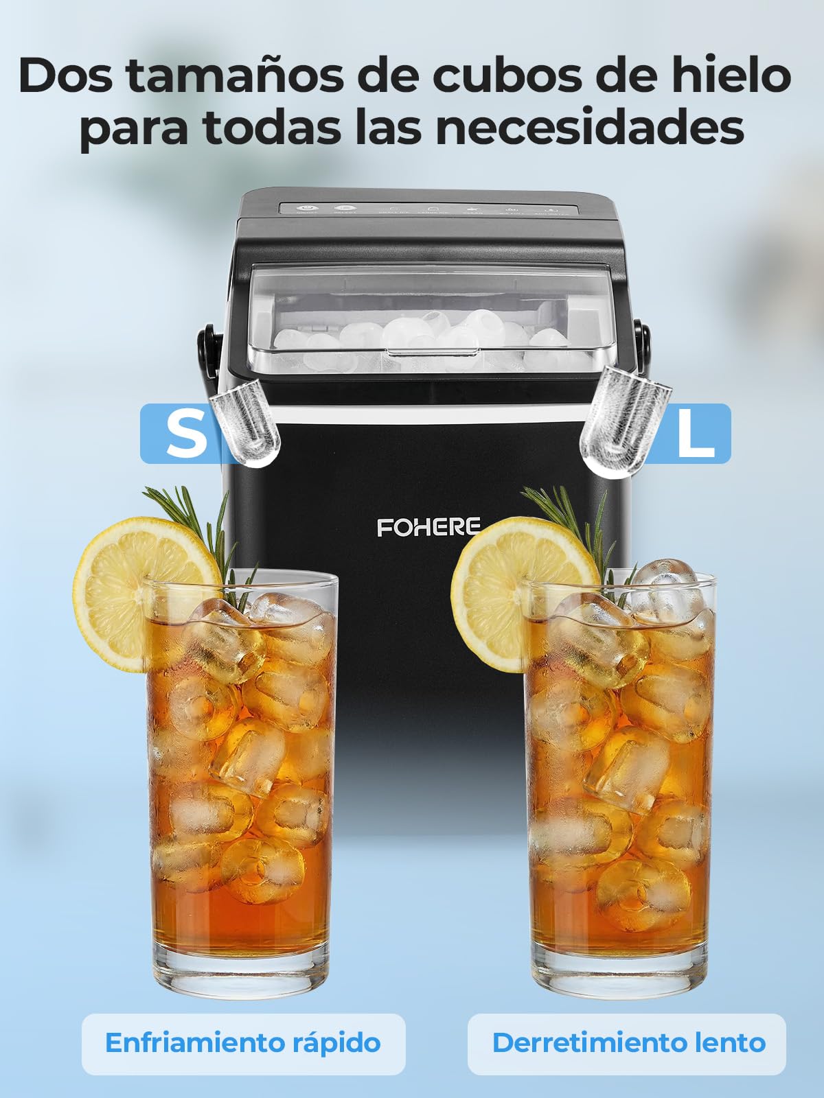 FOHERE Máquina de Hielos con Asa Portátil, 14kg/24h, 9 Cubitos Bullet en 5 Minutos, 2 Tamaños, Autolimpiable, con Cuchara & Cesta – Ideal para Hogar Cocina Oficina Caravana Camping