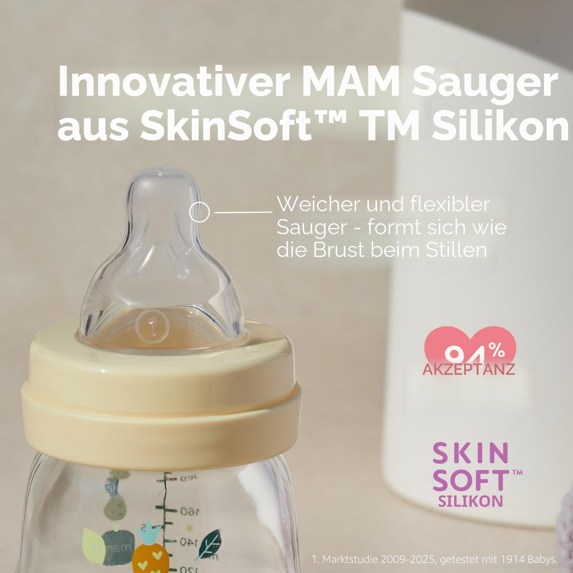 MAM Glasflaschen-Set (3 Glasflaschen + 1 Schnuller) - MAM Hitzebeständige Glasflasche - Glasflasche für Säuglinge ab Geburt und Silikon Schnuller