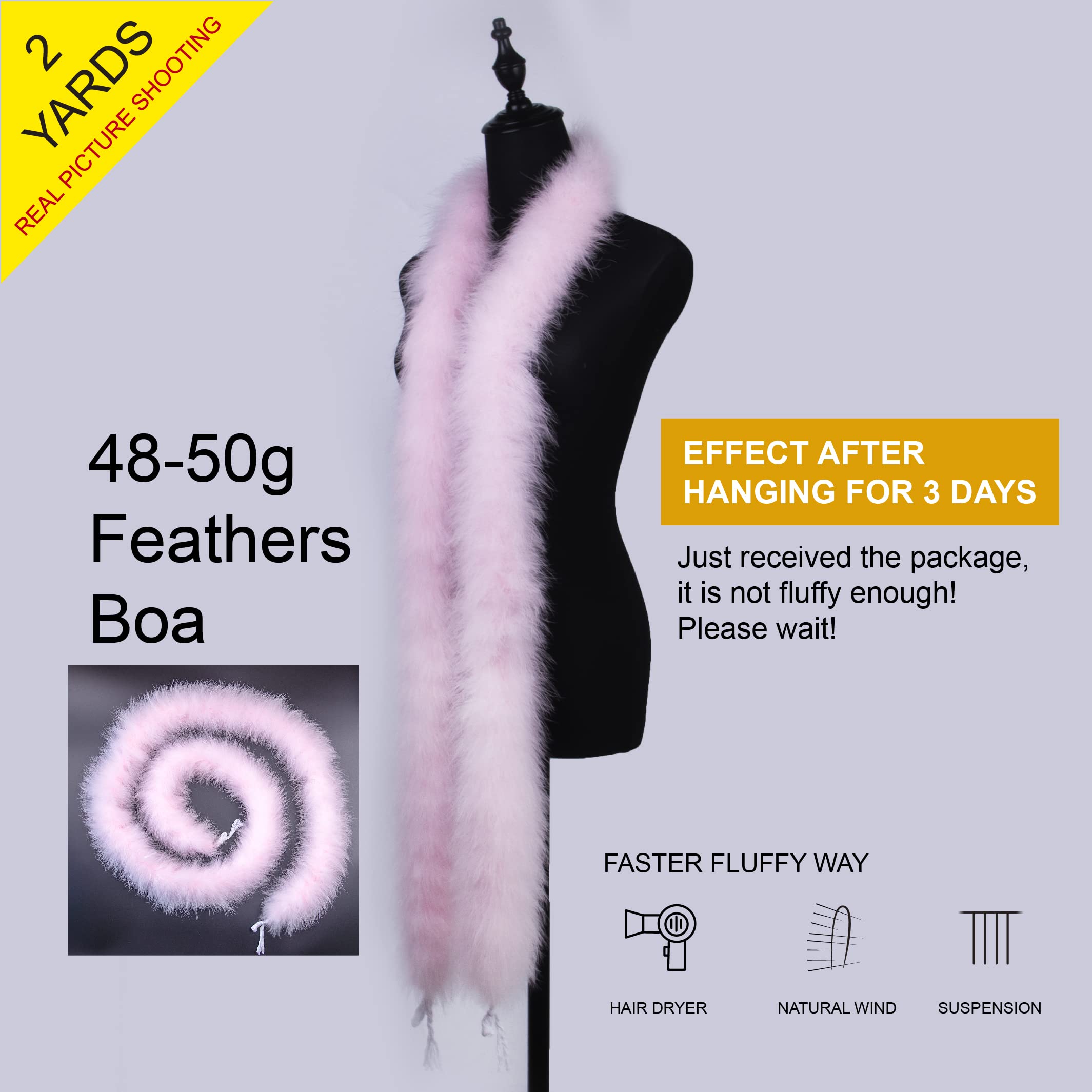 2 Yards 50G Fluffy Marabou Light pink Feather Boa for DIY Craft Sewing Trim Home Wedding Party Christmas Decoration - Image 2