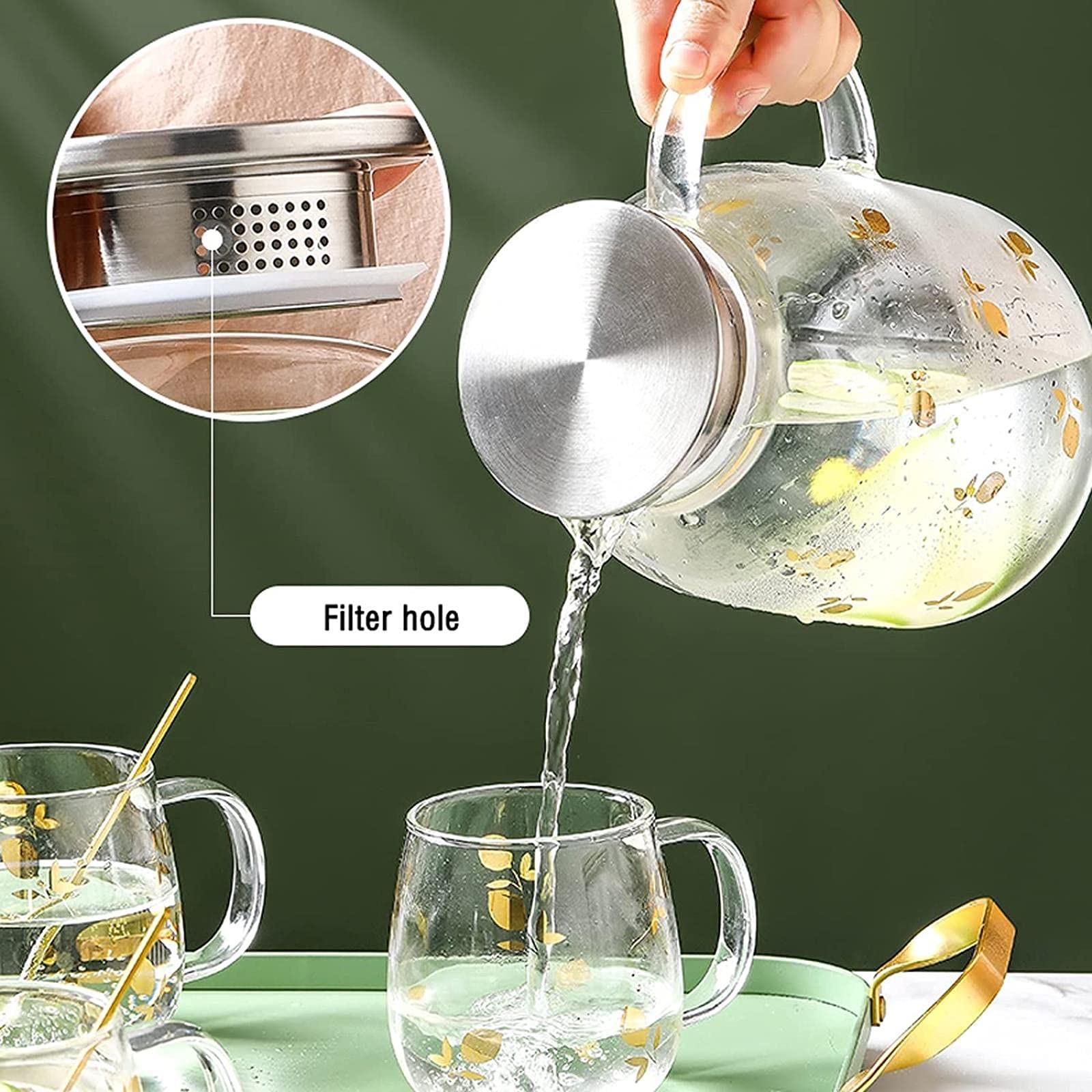 Jarra de Agua Simple Jarra de Vidrio de borosilicato con Tapa de Acero Inoxidable Jarra fría de Gran Capacidad Linda Tetera para Jugo, Leche, Caliente y Col